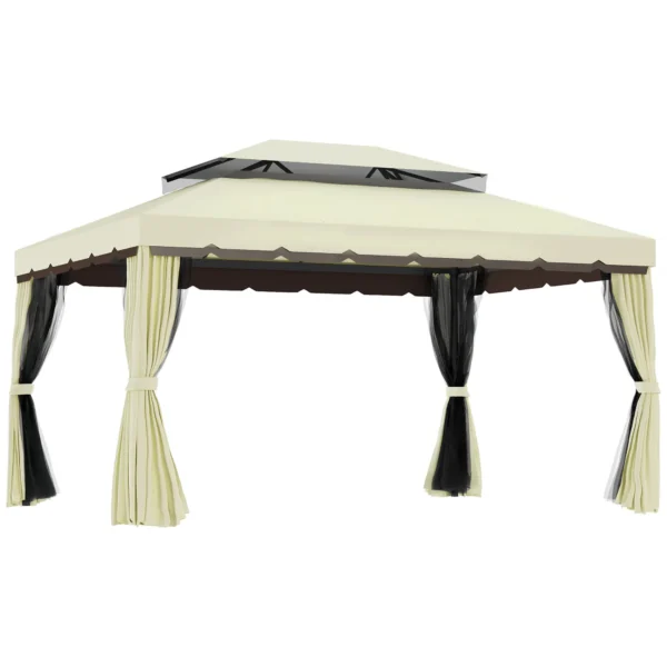 Outsunny 4x3m Garden Gazebo with Mosquito Net and Curtains, Double Roof and Anti-UV Coating, Cream