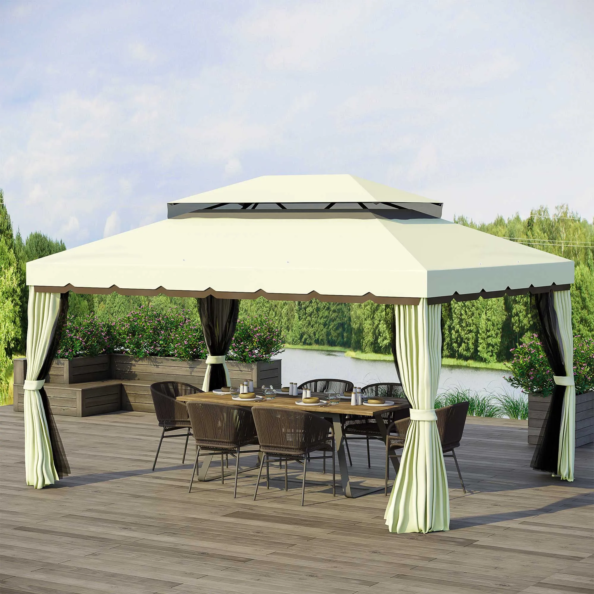Outsunny 4x3m Garden Gazebo with Mosquito Net and Curtains, Double Roof and Anti-UV Coating, Cream - Image 2