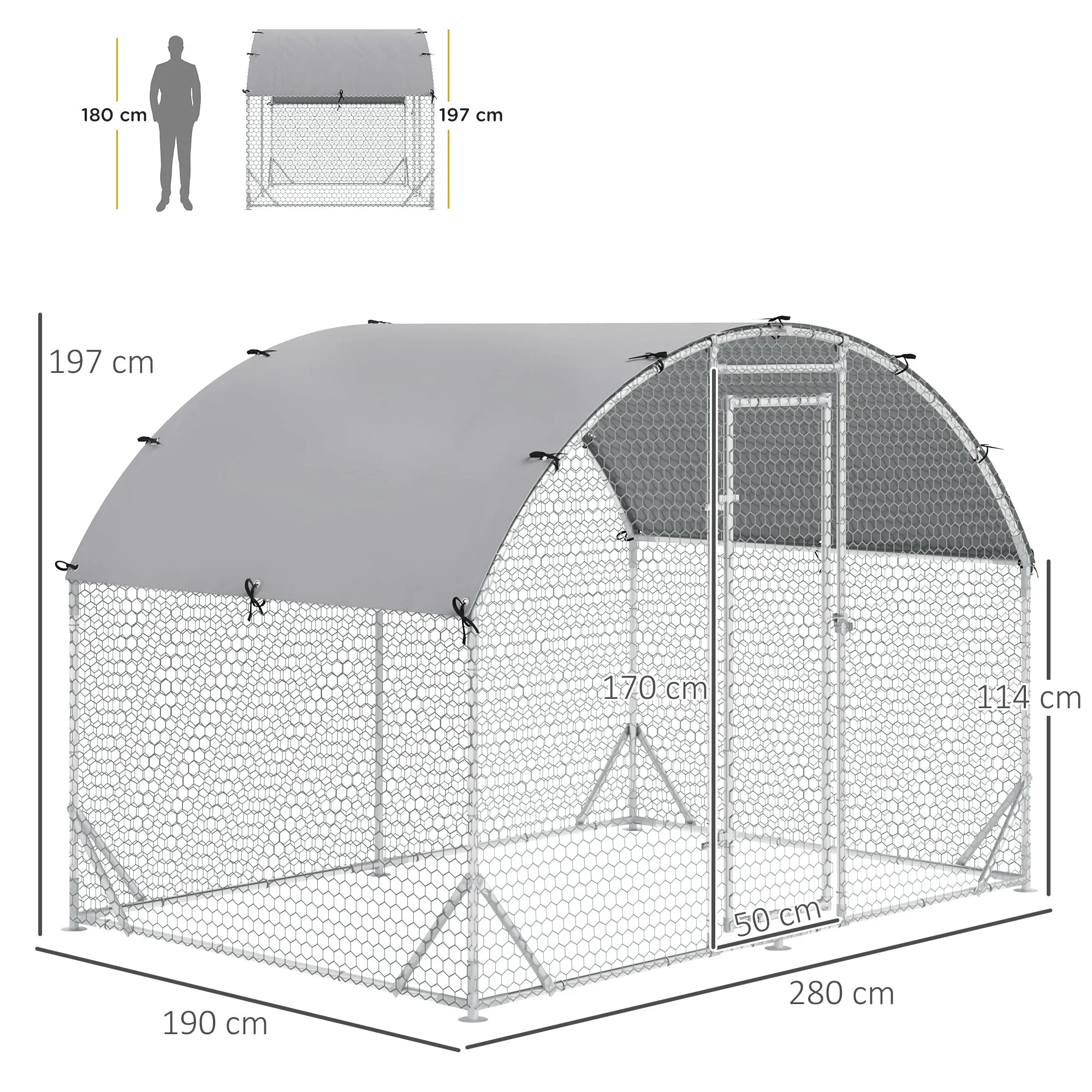 PawHut Galvanized Metal Chicken Run with Roof and UV Cover, 280x190x197 cm, Silver - Image 3