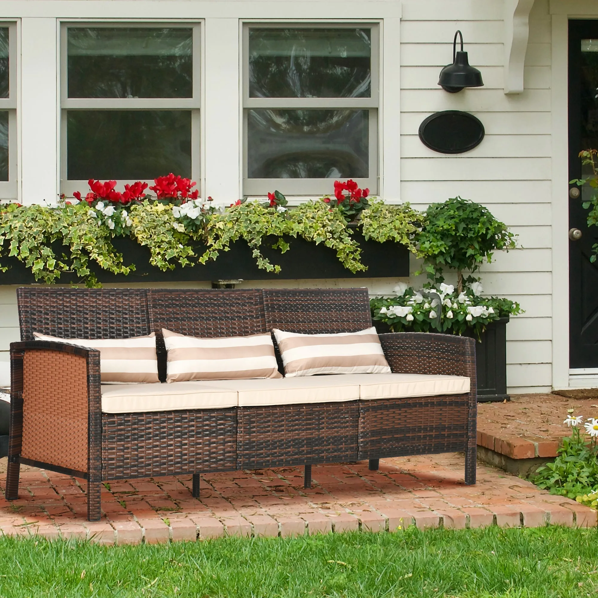 3-Seater Outdoor Sofa in PE Rattan with Padded and Removable Cushions, 173x68x78 cm, Brown - Image 2