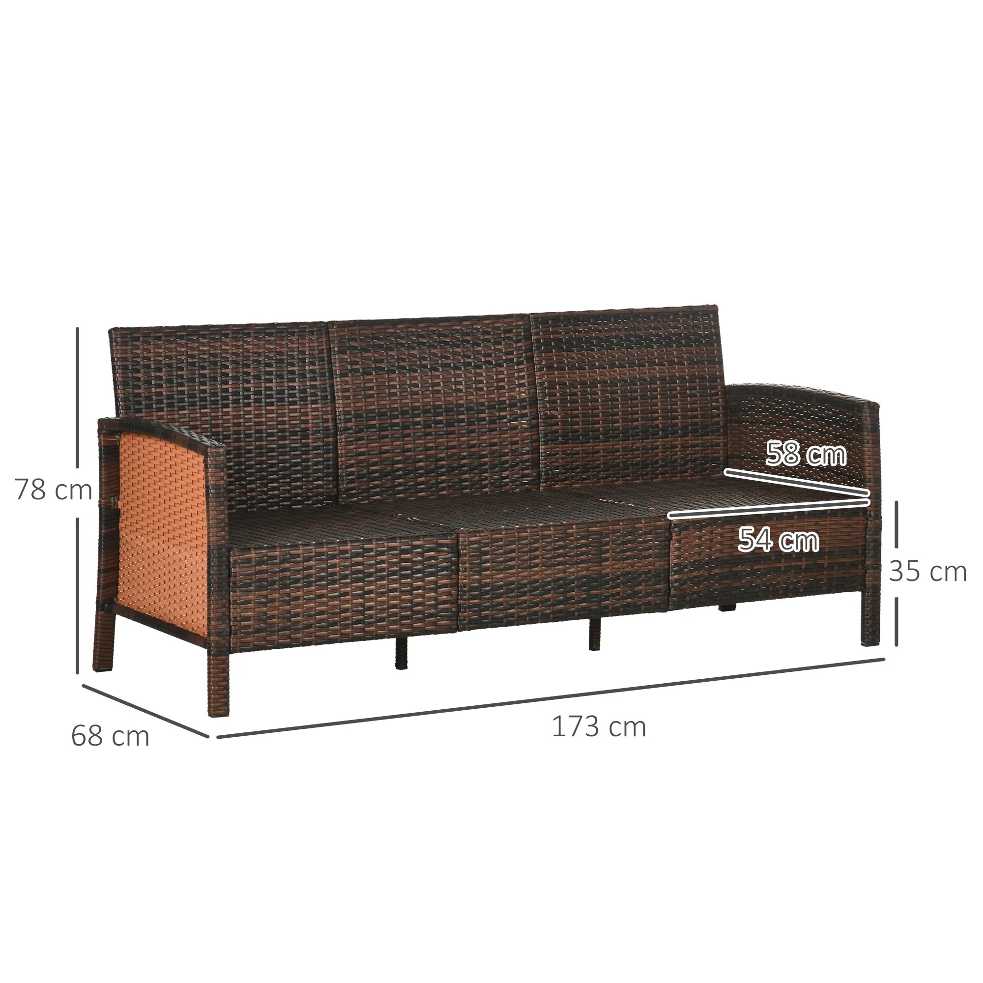3-Seater Outdoor Sofa in PE Rattan with Padded and Removable Cushions, 173x68x78 cm, Brown - Image 3