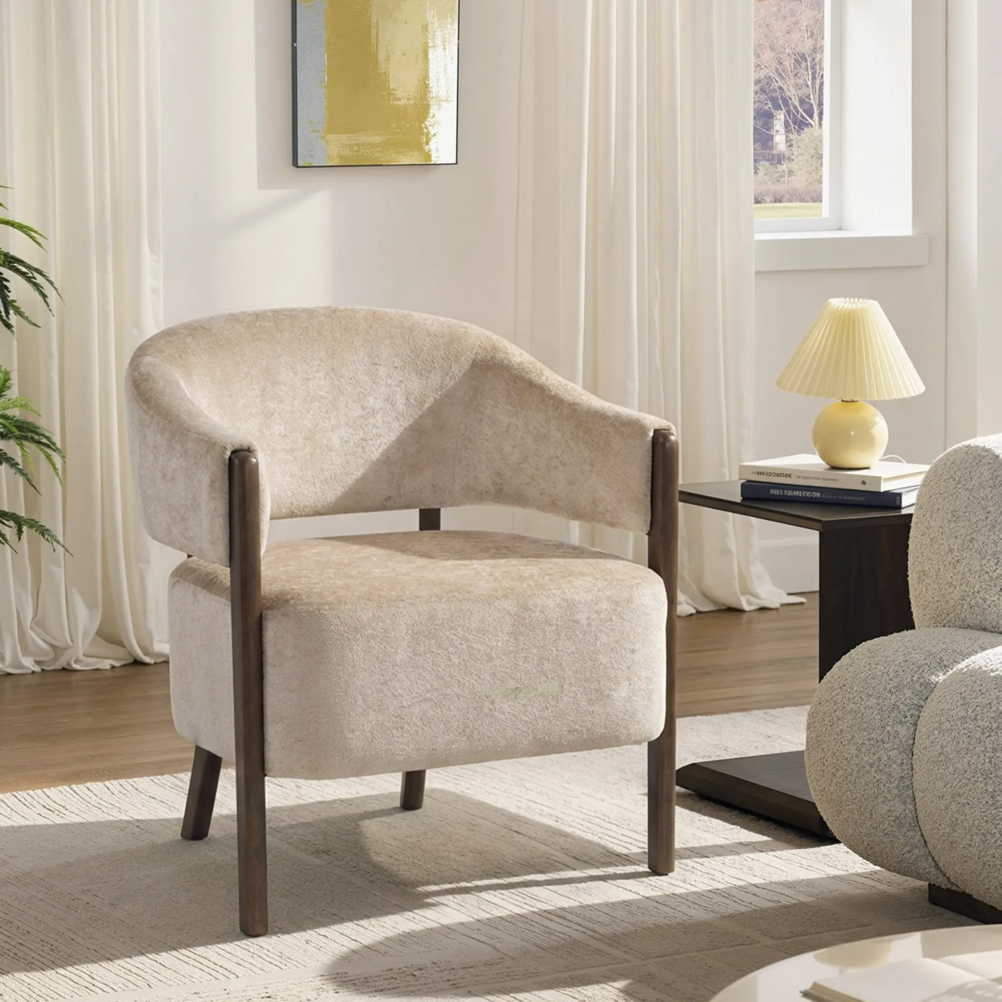 Chenille Upholstered Bedroom Armchair with Solid Wood Frame and Legs, Beige - Image 2