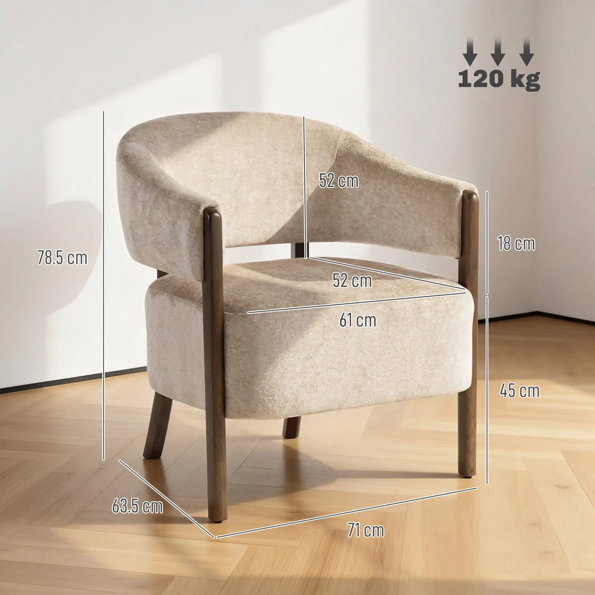 Chenille Upholstered Bedroom Armchair with Solid Wood Frame and Legs, Beige - Image 3