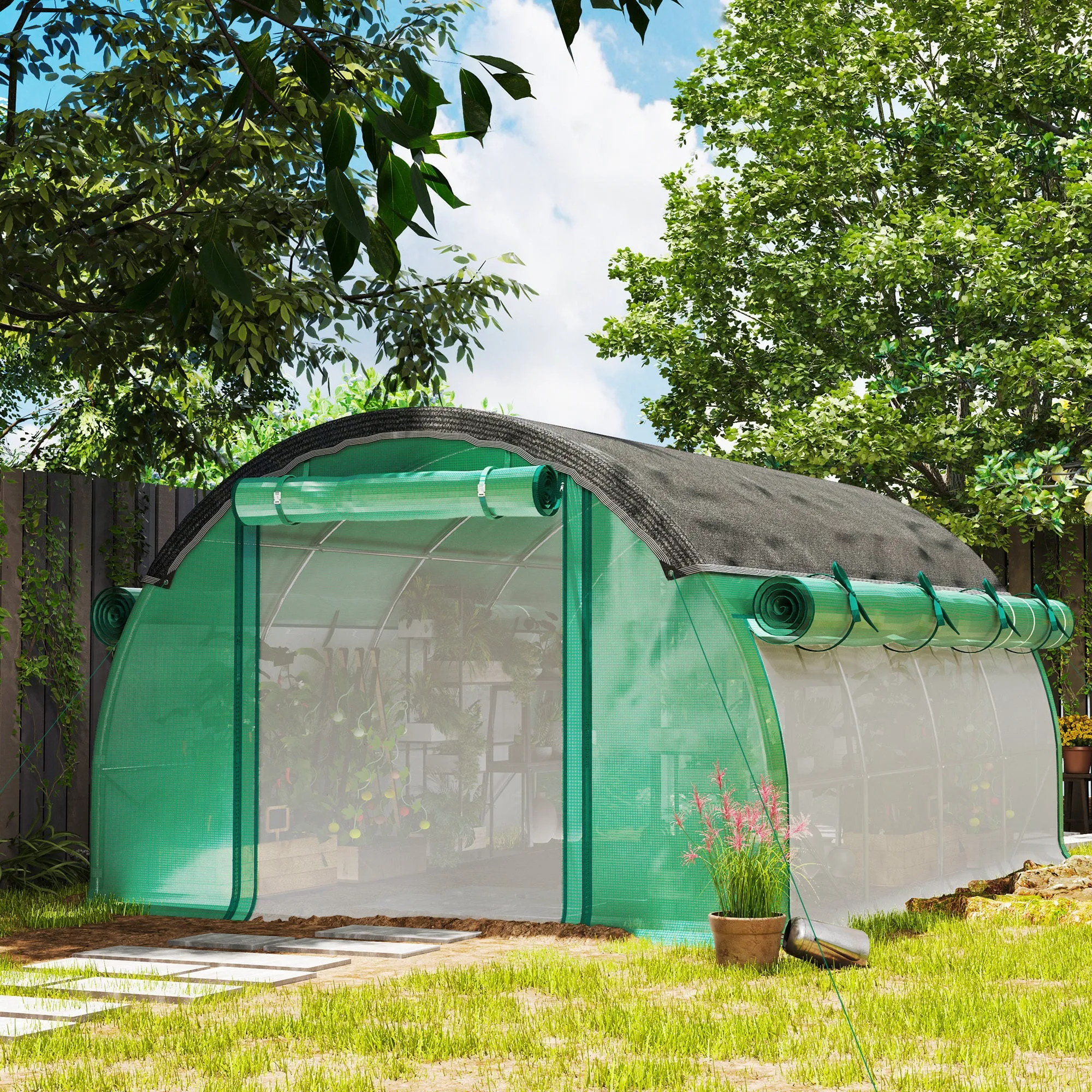 Outsunny 4x3 m Tunnel Greenhouse with Extra Shade Netting, Windows and Zip Entrance, in PE and Steel, Green - Image 2