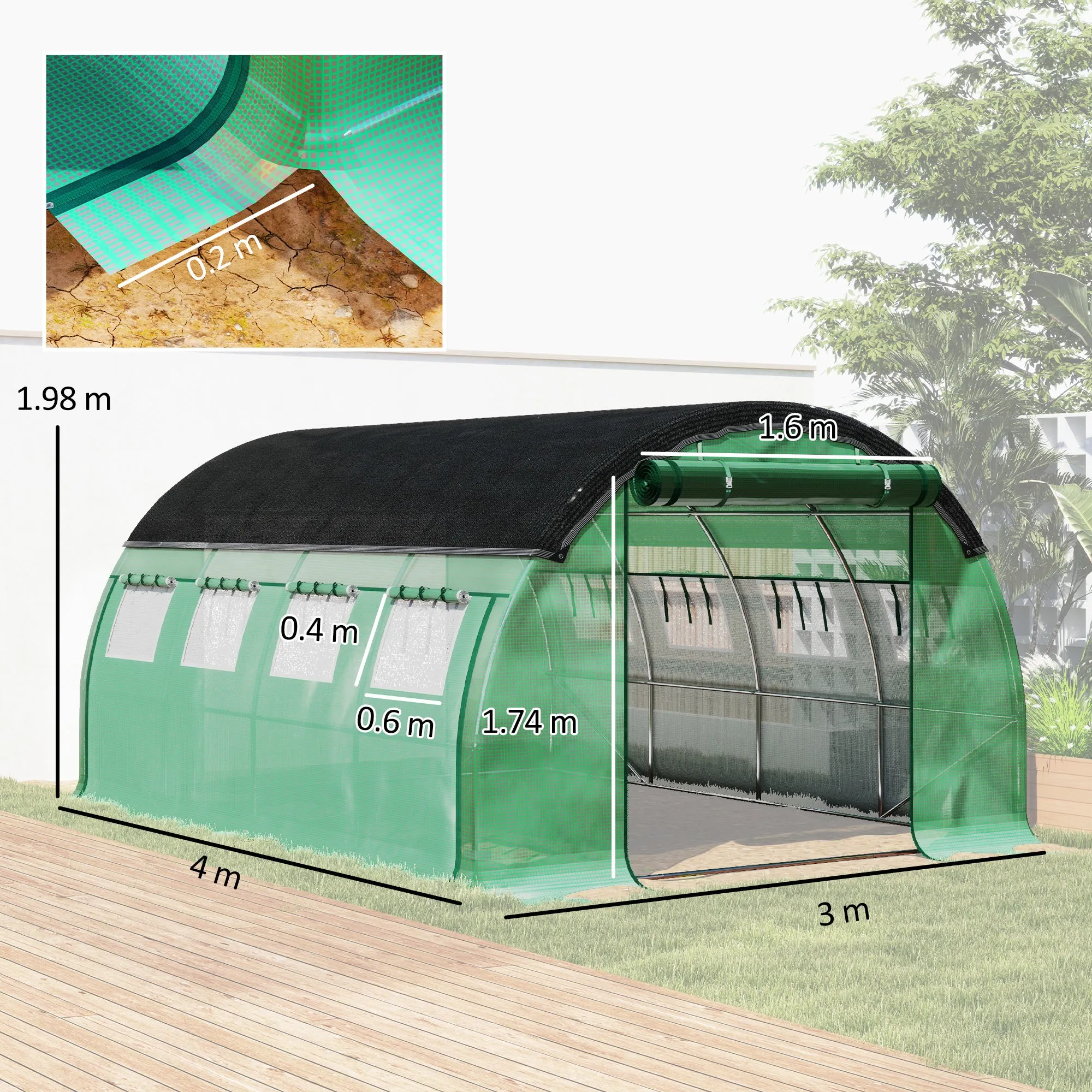 Outsunny 4x3 m Tunnel Greenhouse with Extra Shade Netting, Windows and Zip Entrance, in PE and Steel, Green - Image 3