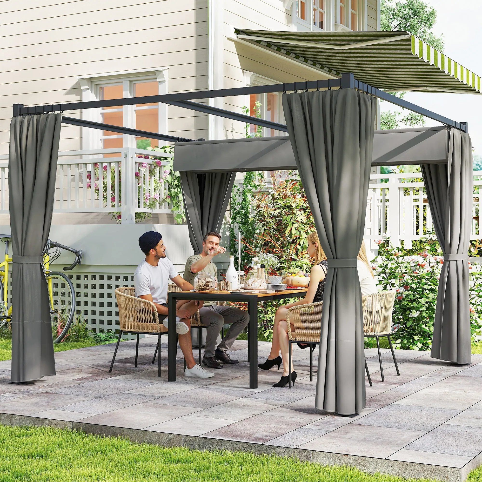 Outsunny Garden Pergola with Retractable Roof and Awnings, Metal and Polyester, 300x300x227 cm, Light Grey - Image 2