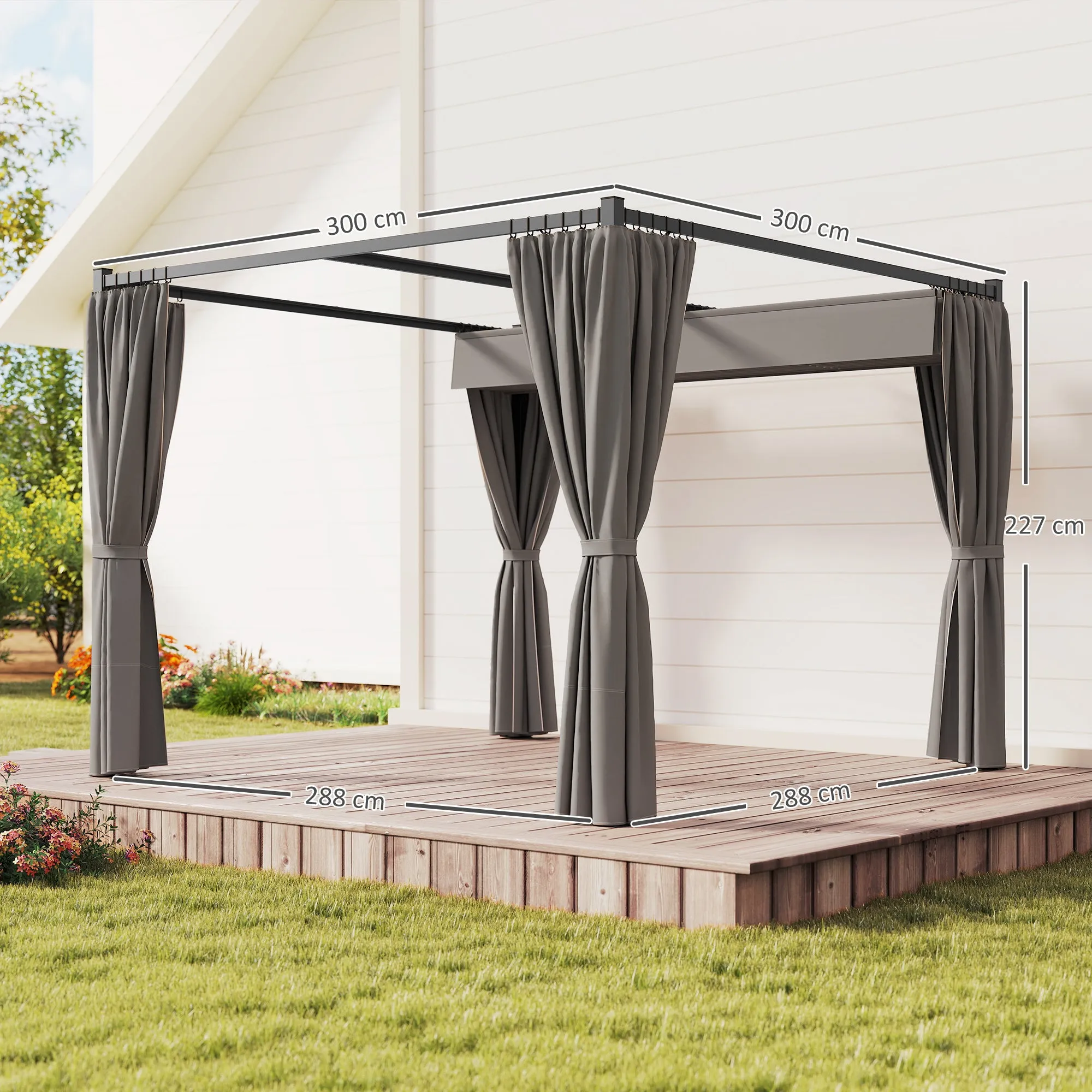 Outsunny Garden Pergola with Retractable Roof and Awnings, Metal and Polyester, 300x300x227 cm, Light Grey - Image 3