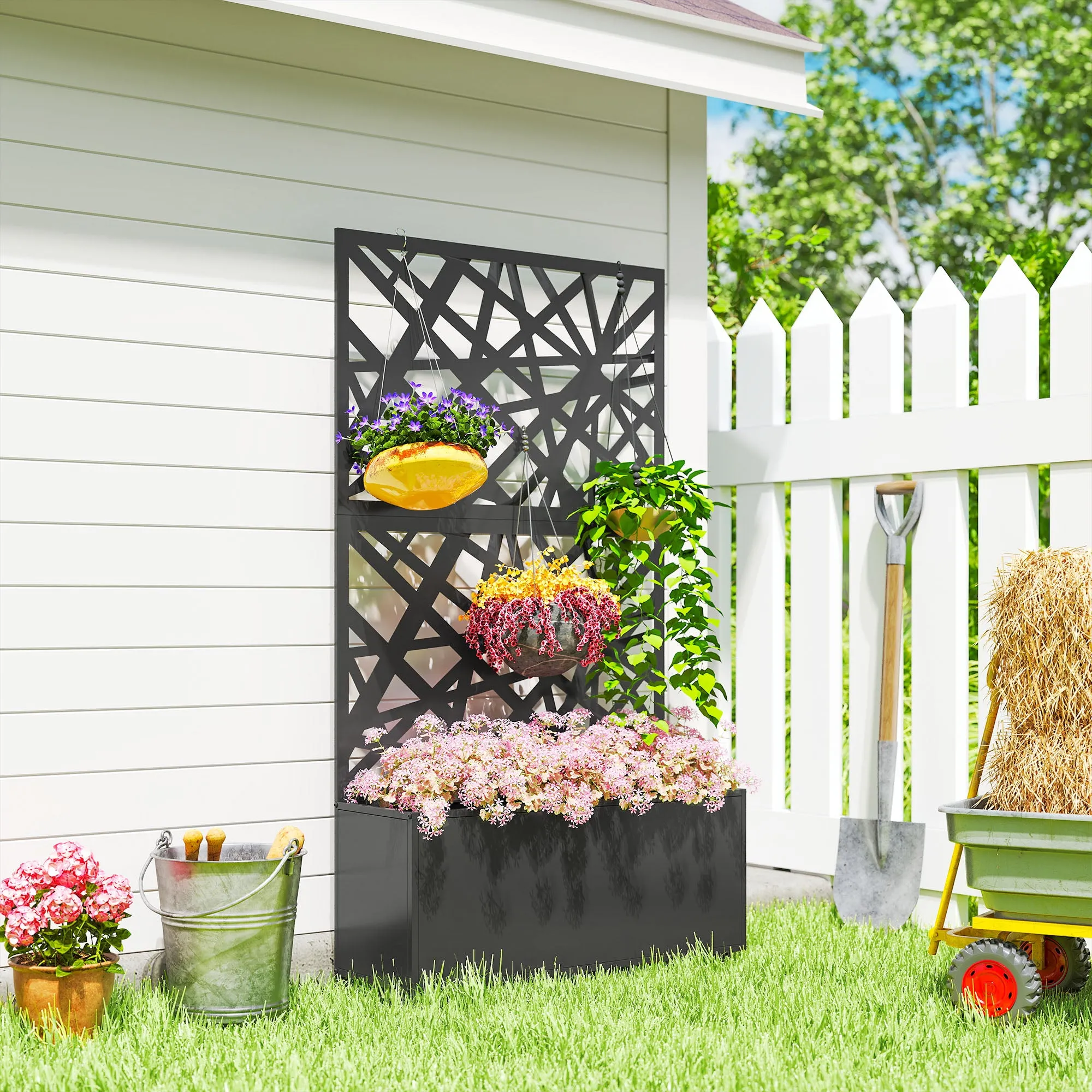 Outsunny Planter with Trellis for Climbing Plants, Drainage Holes, Metal, 90x30x160 cm, Black - Image 2