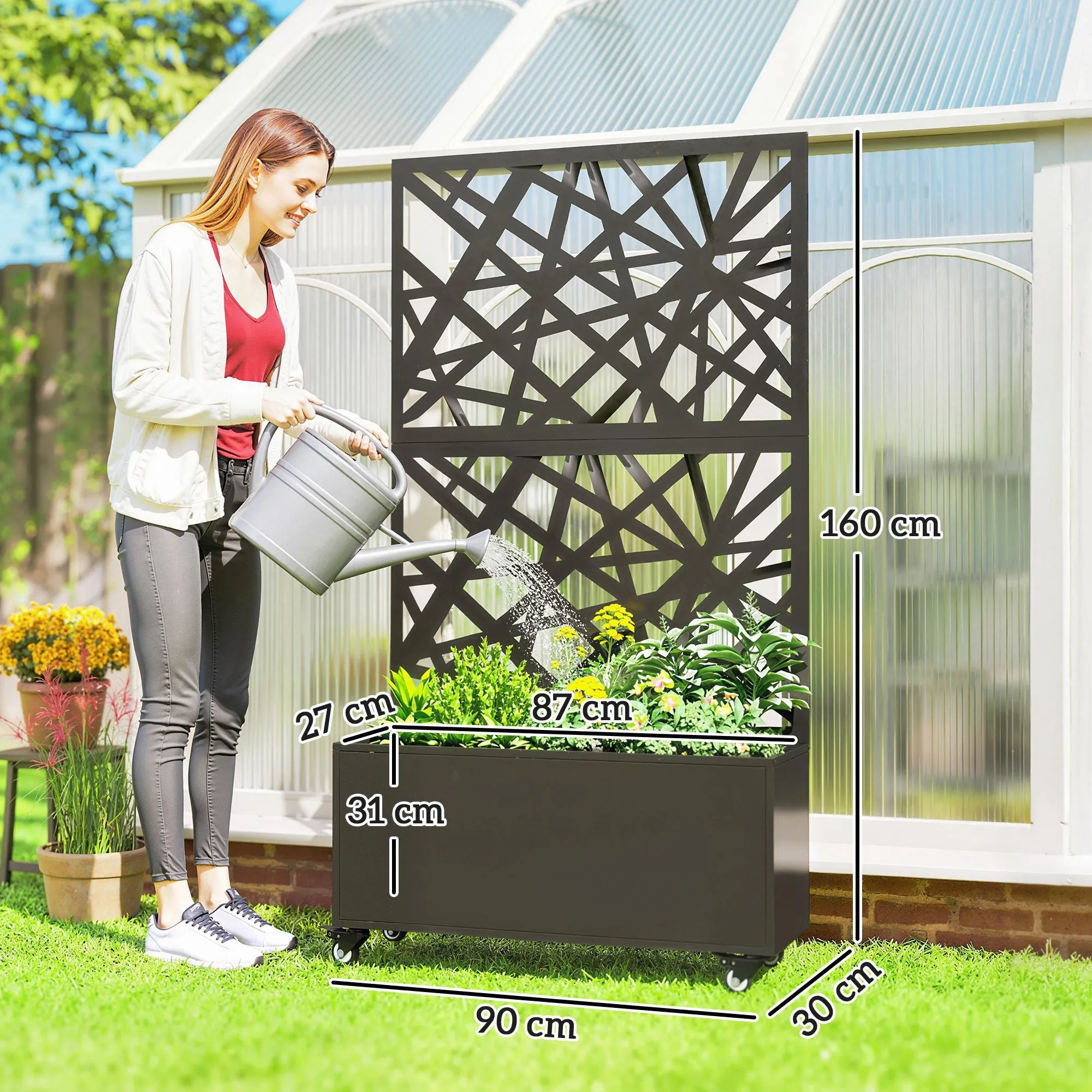 Outsunny Planter with Trellis for Climbing Plants, Drainage Holes, Metal, 90x30x160 cm, Black - Image 3