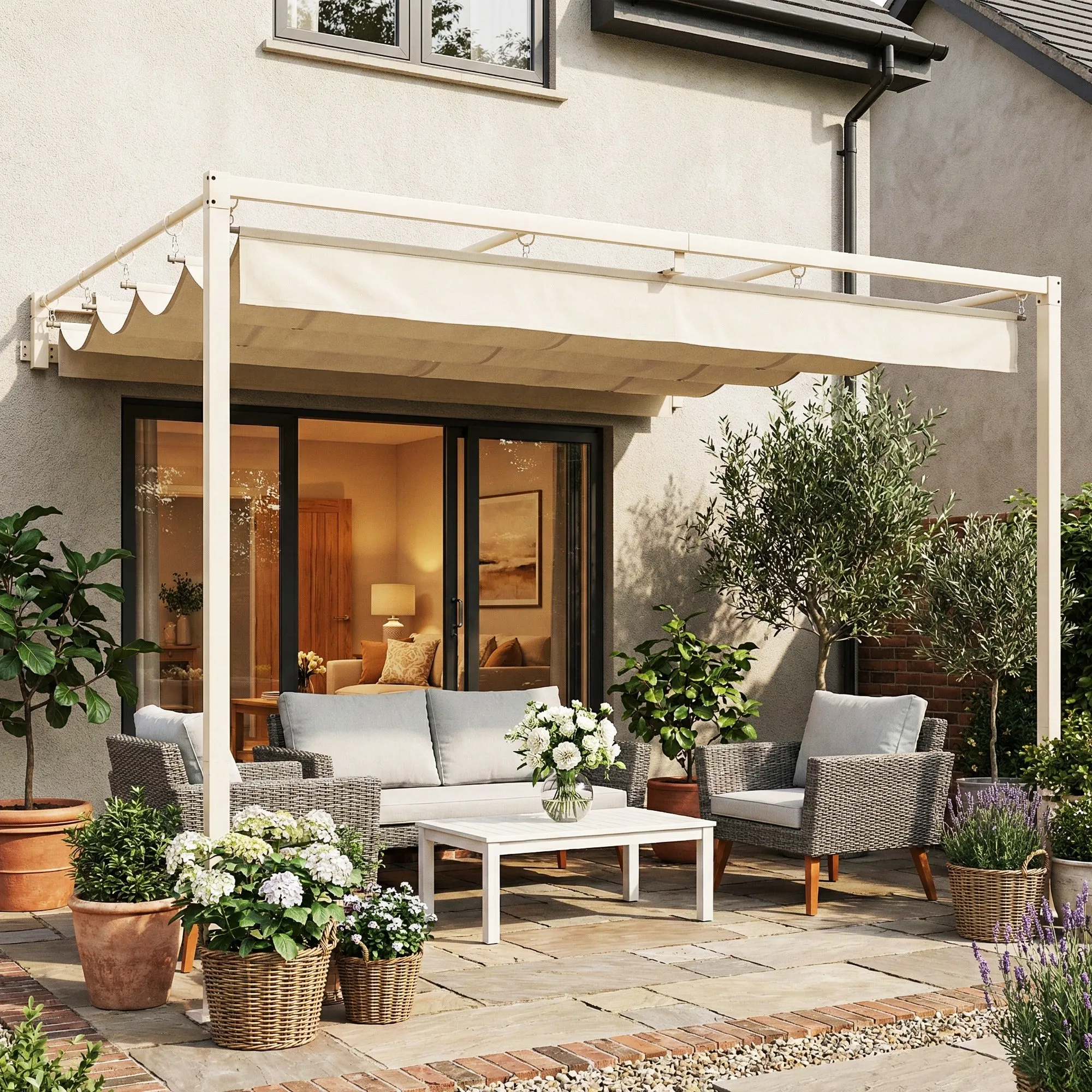Outsunny 3x3m Lean-to Pergola with Retractable Sliding UV30+ Roof and Drainage Holes, Beige - Image 2
