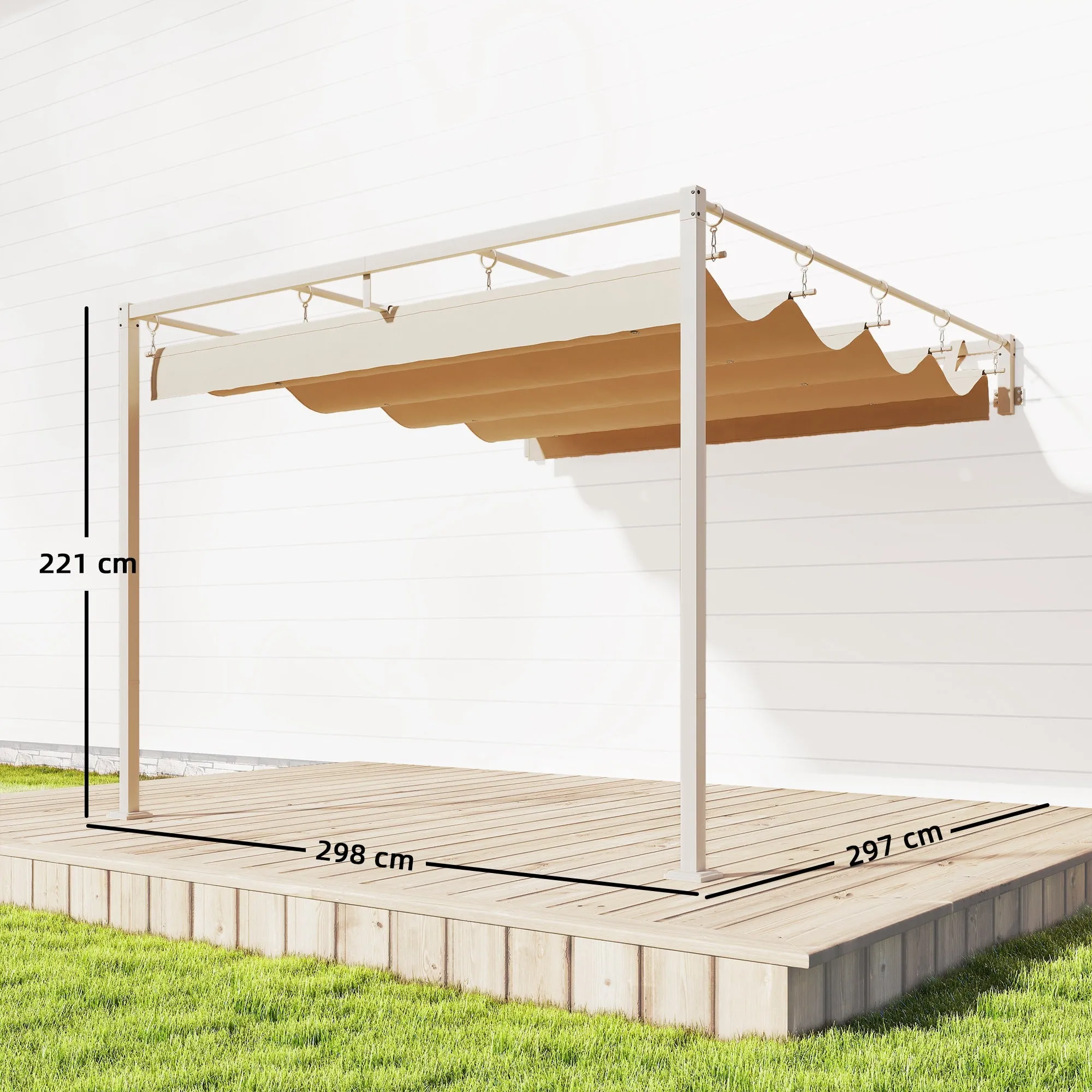 Outsunny 3x3m Lean-to Pergola with Retractable Sliding UV30+ Roof and Drainage Holes, Beige - Image 3
