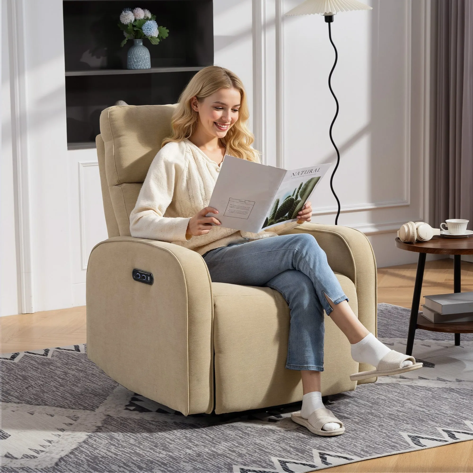 Electric Chenille Recliner Chair with Footrest, Adjustable Headrest and Sockets, 80x93x103 cm, Beige - Image 2