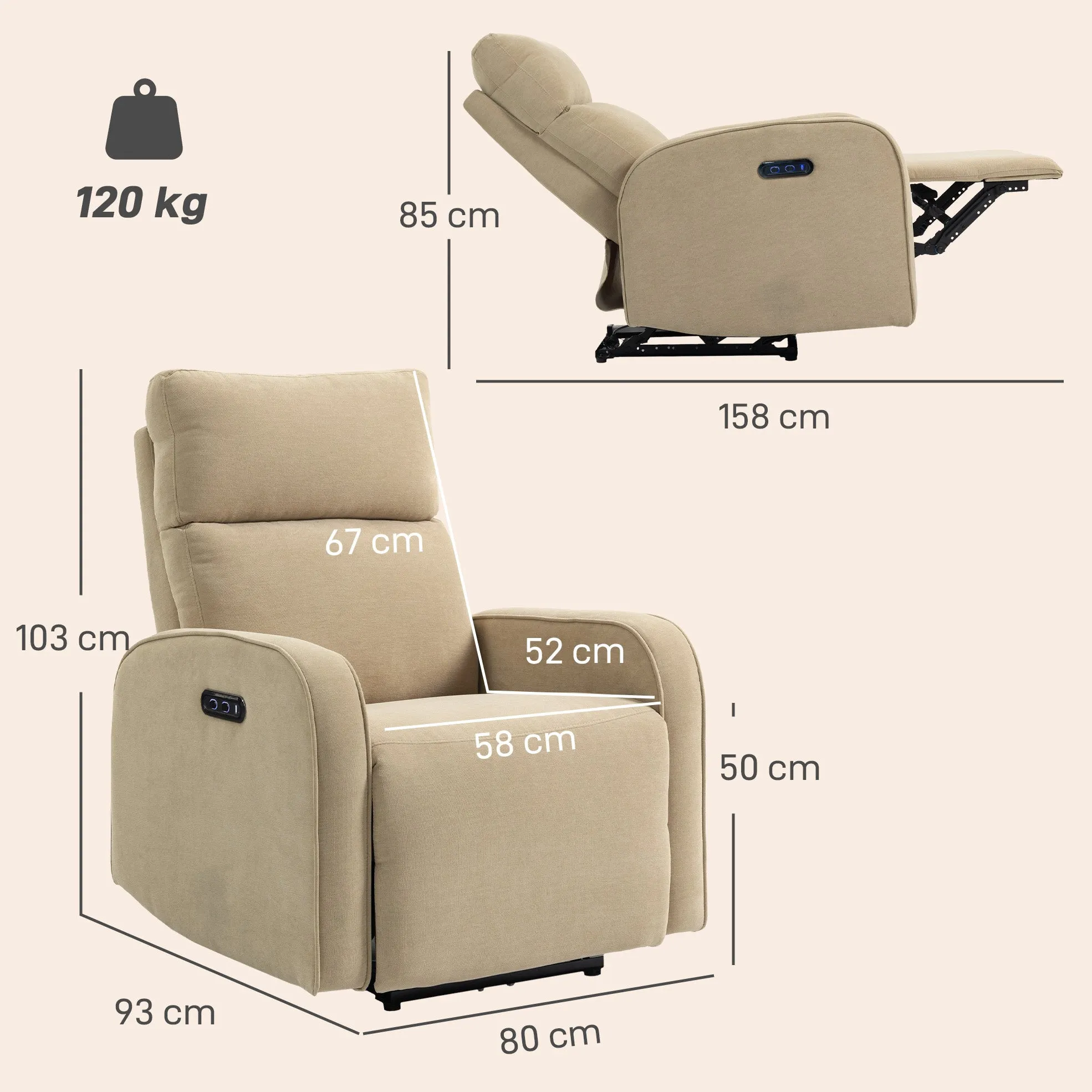 Electric Chenille Recliner Chair with Footrest, Adjustable Headrest and Sockets, 80x93x103 cm, Beige - Image 3