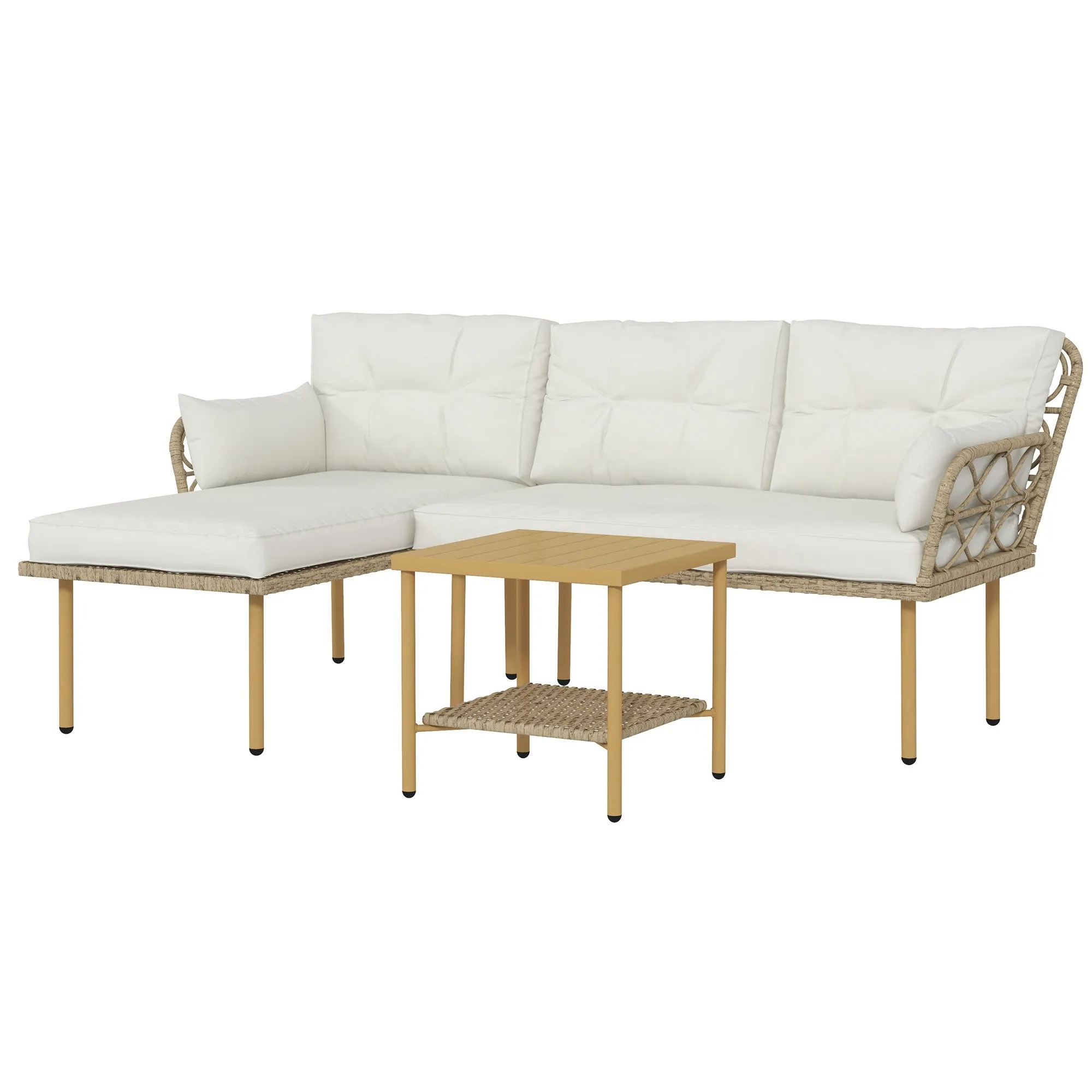 Outsunny 3-Piece Garden Set with Chaise Longue, Sofa, Cushions and Coffee Table, in Rattan and Steel, Cream White and Wood