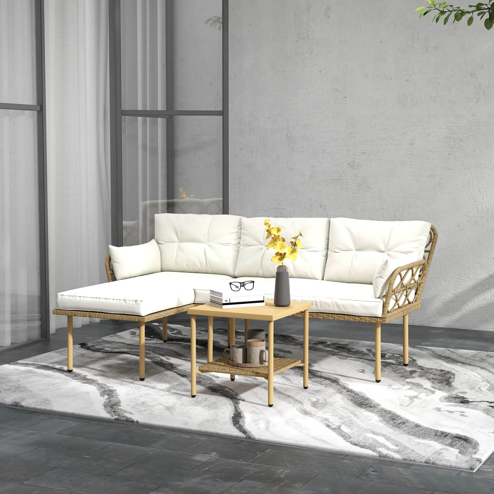 Outsunny 3-Piece Garden Set with Chaise Longue, Sofa, Cushions and Coffee Table, in Rattan and Steel, Cream White and Wood - Image 2