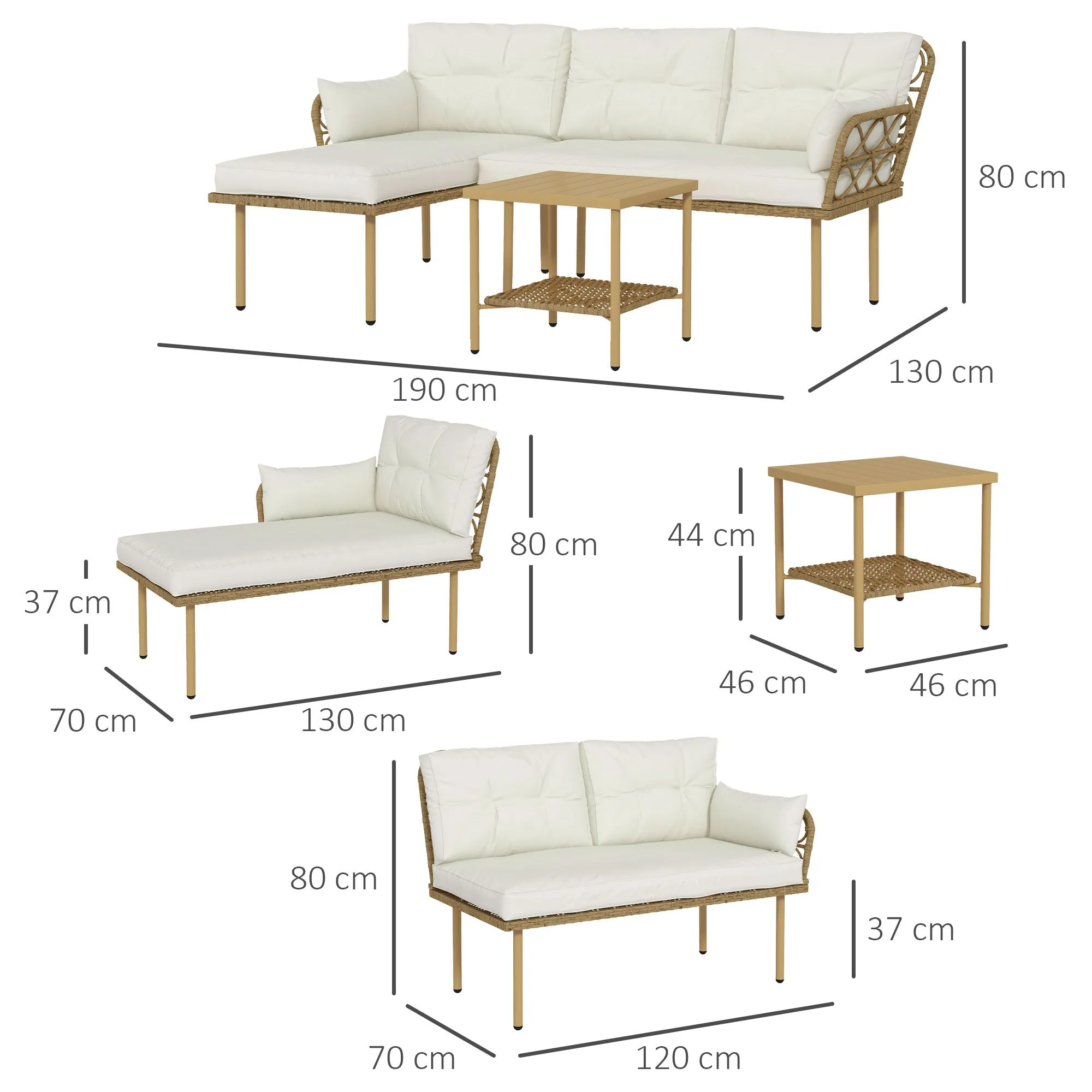 Outsunny 3-Piece Garden Set with Chaise Longue, Sofa, Cushions and Coffee Table, in Rattan and Steel, Cream White and Wood - Image 3
