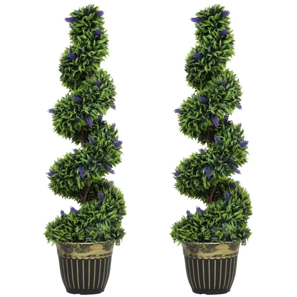 HOMCOM Set of 2 Artificial Boxwood Spiral Plants with UV Protection and Lavender, 115cm, Green and Blue