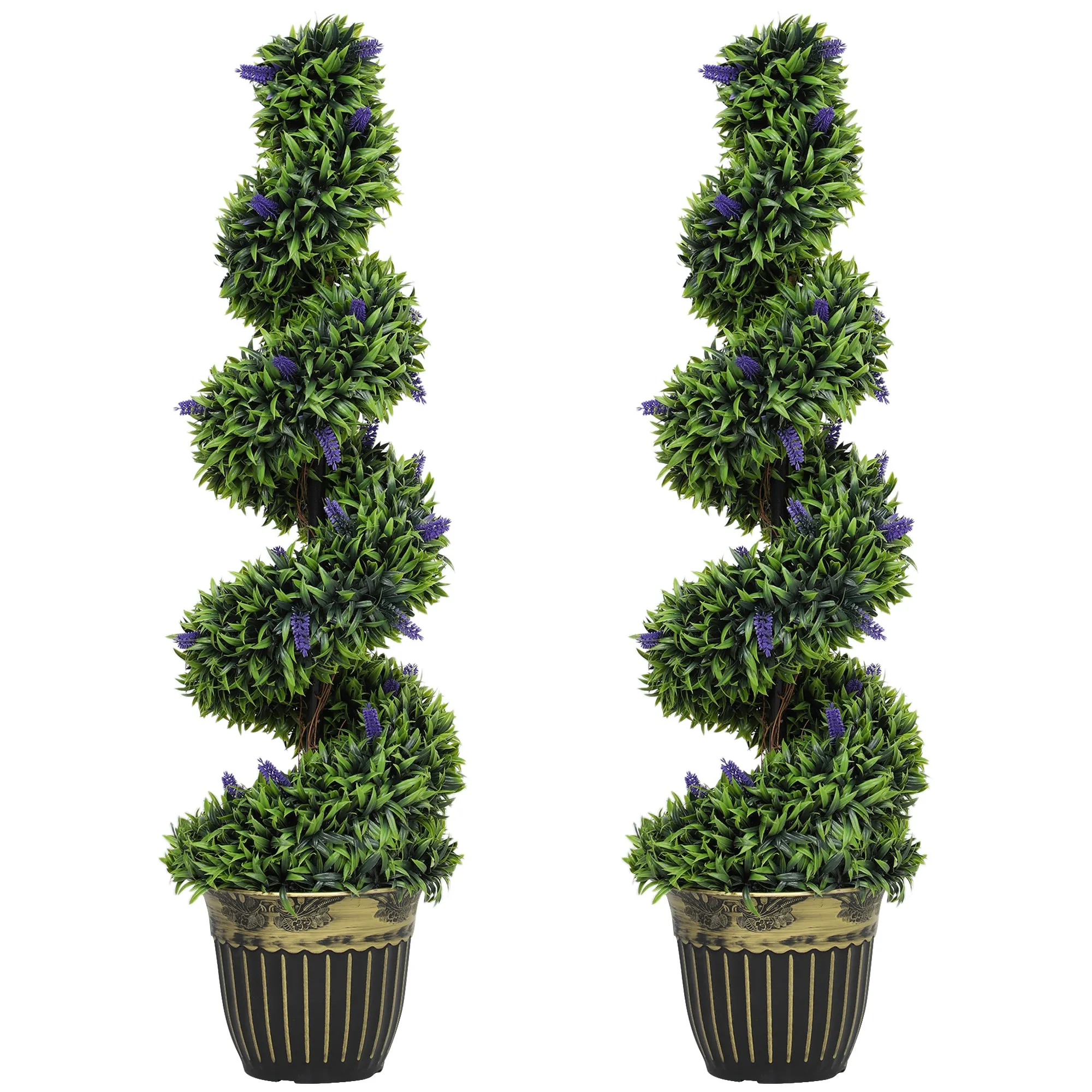 HOMCOM Set of 2 Artificial Boxwood Spiral Plants with UV Protection and Lavender, 115cm, Green and Blue