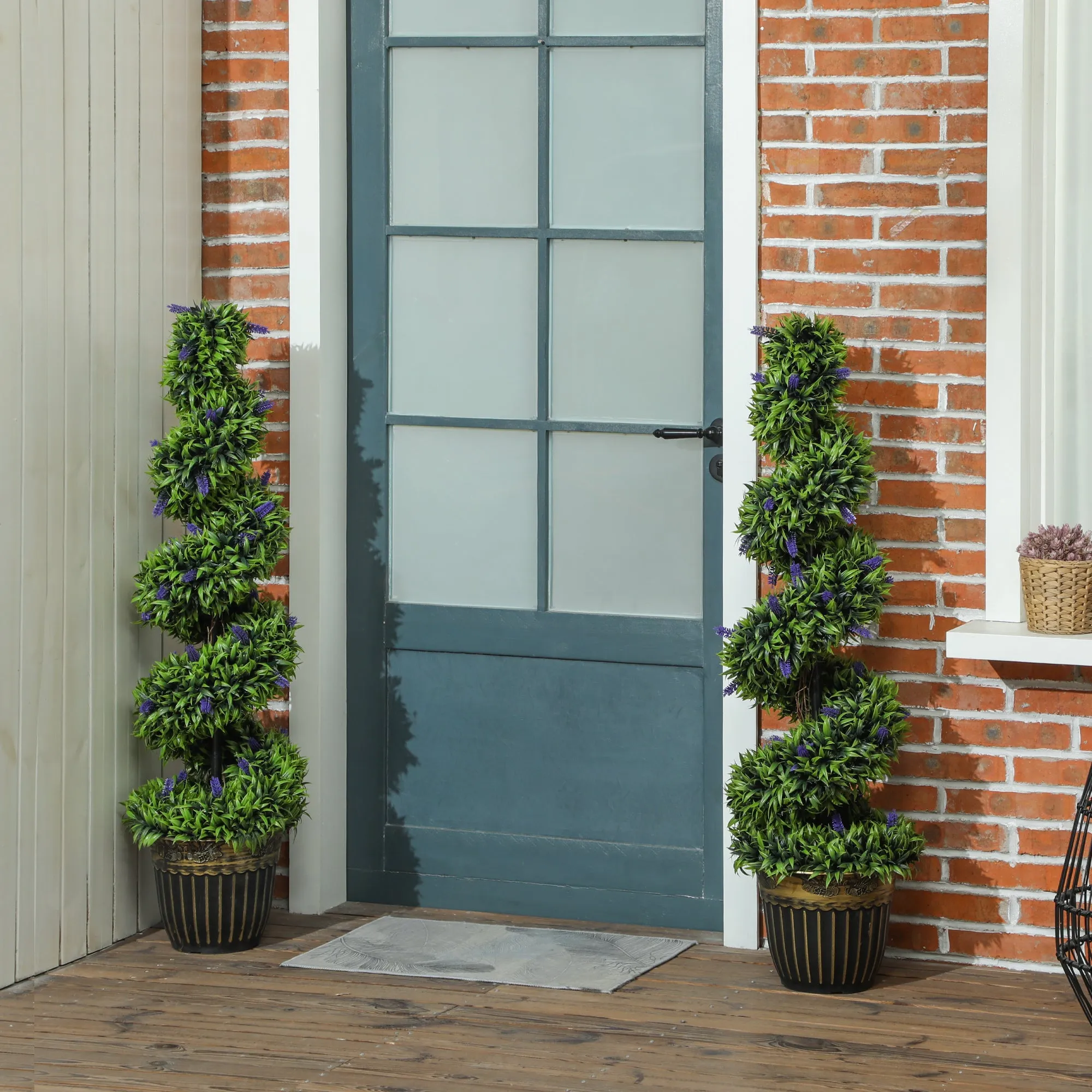 HOMCOM Set of 2 Artificial Boxwood Spiral Plants with UV Protection and Lavender, 115cm, Green and Blue - Image 2