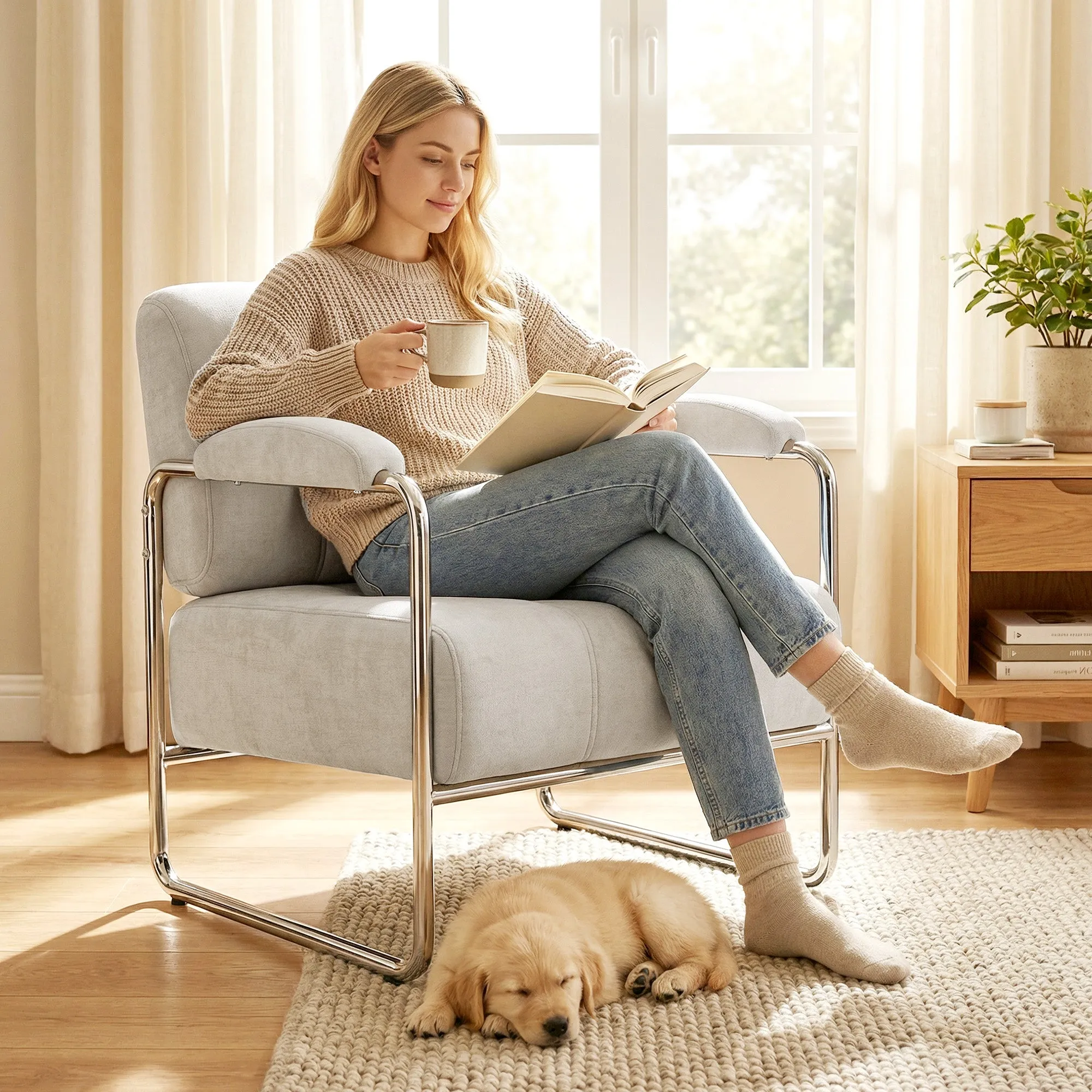 Soft Chenille Living Room Armchair and Bedroom Chair, Beige - Image 2