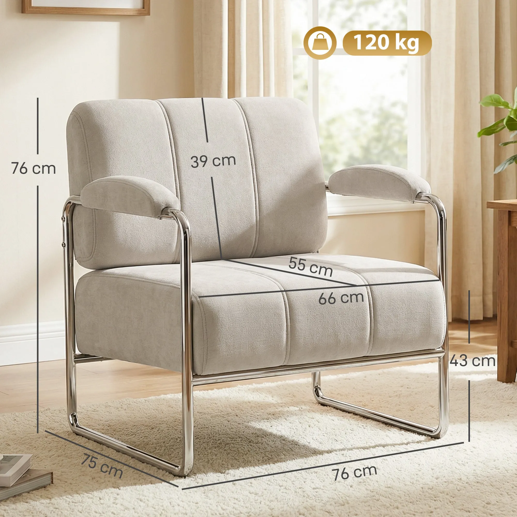 Soft Chenille Living Room Armchair and Bedroom Chair, Beige - Image 3