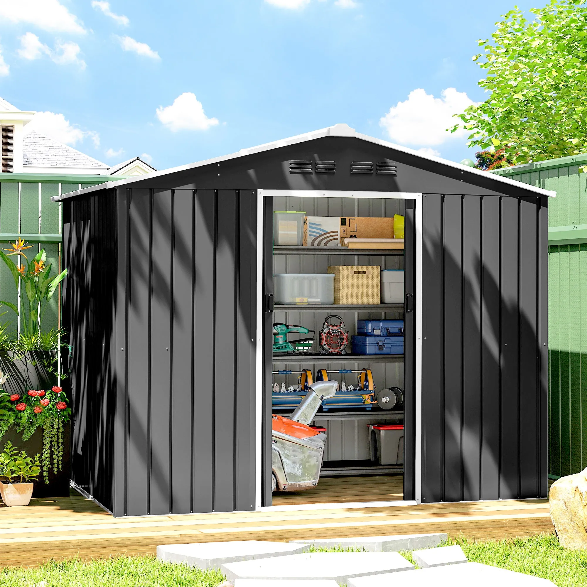 Outsunny 2.3x1.7 m Steel Garden Shed with Air Vents and Double Sliding Door, Dark Grey - Image 2