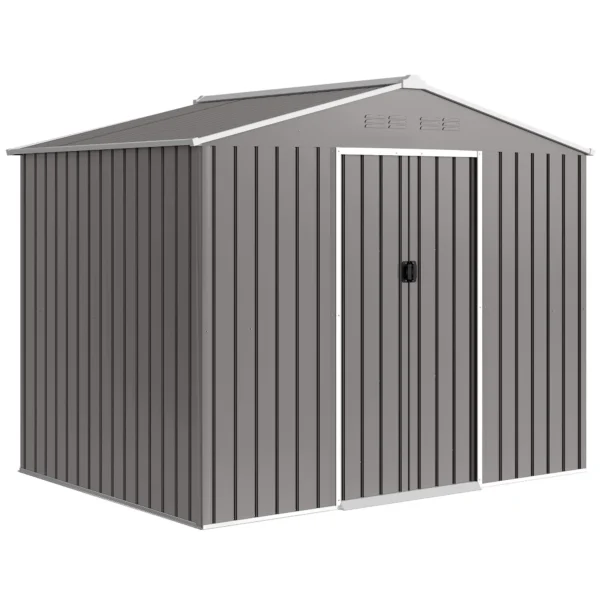Outsunny 2.3x1.7 m Steel Garden Shed with Air Vents and Double Sliding Door, Wood Effect