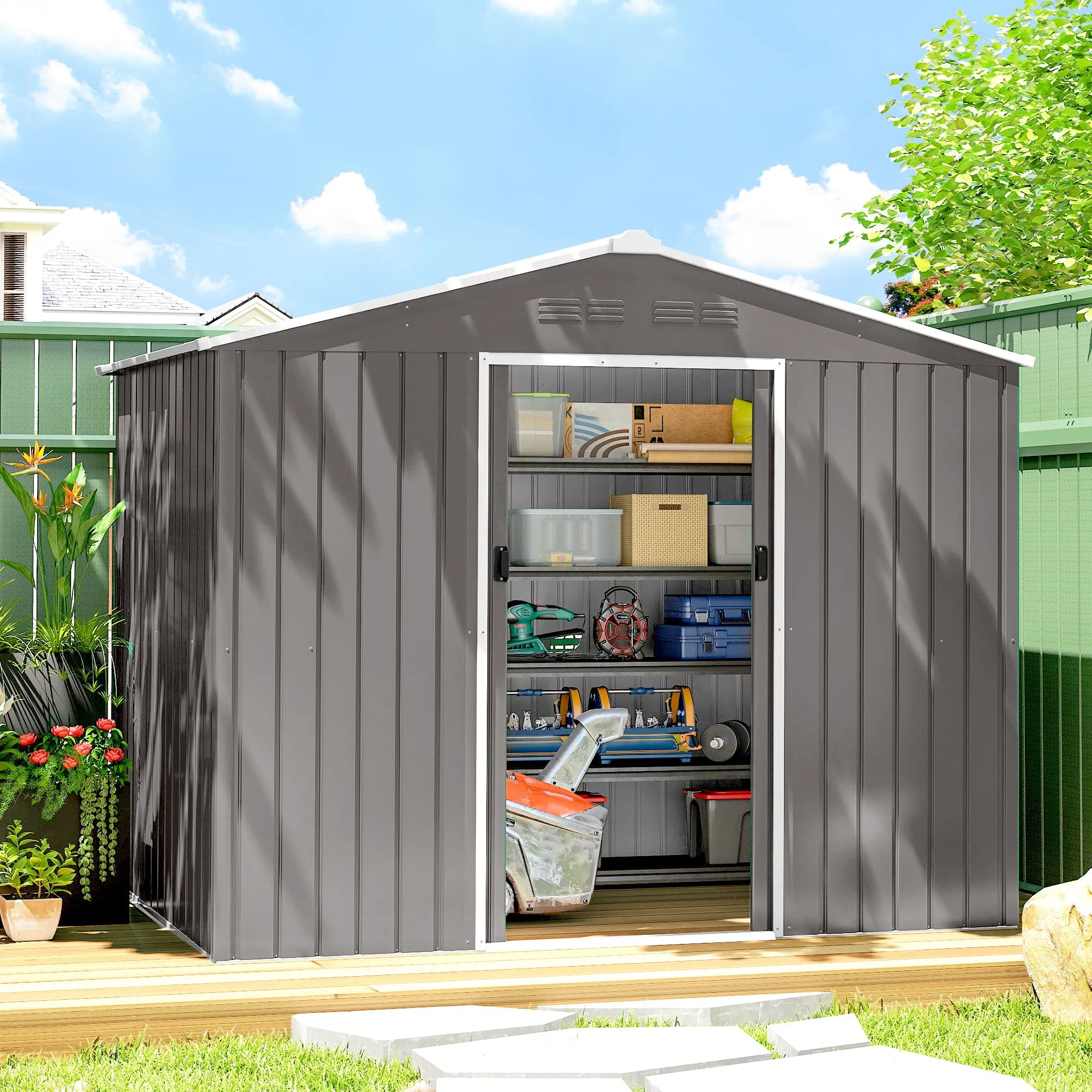 Outsunny 2.3x1.7 m Steel Garden Shed with Air Vents and Double Sliding Door, Wood Effect - Image 2