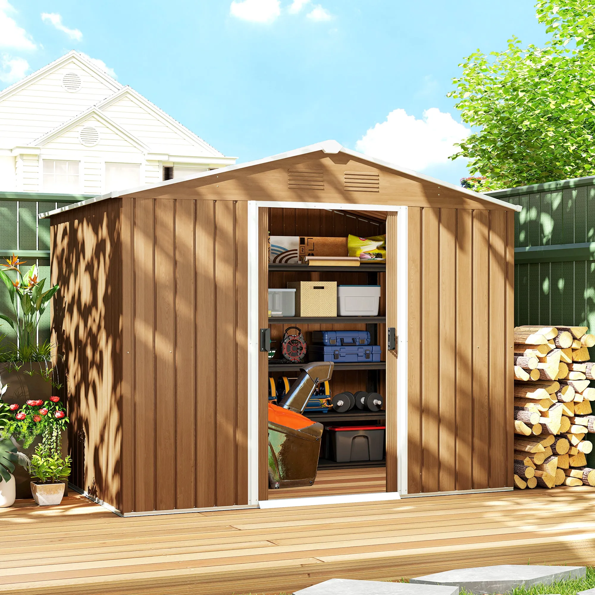 Steel Sheet Garden Shed with Sliding Doors, 236x174x190cm, Brown - Image 2
