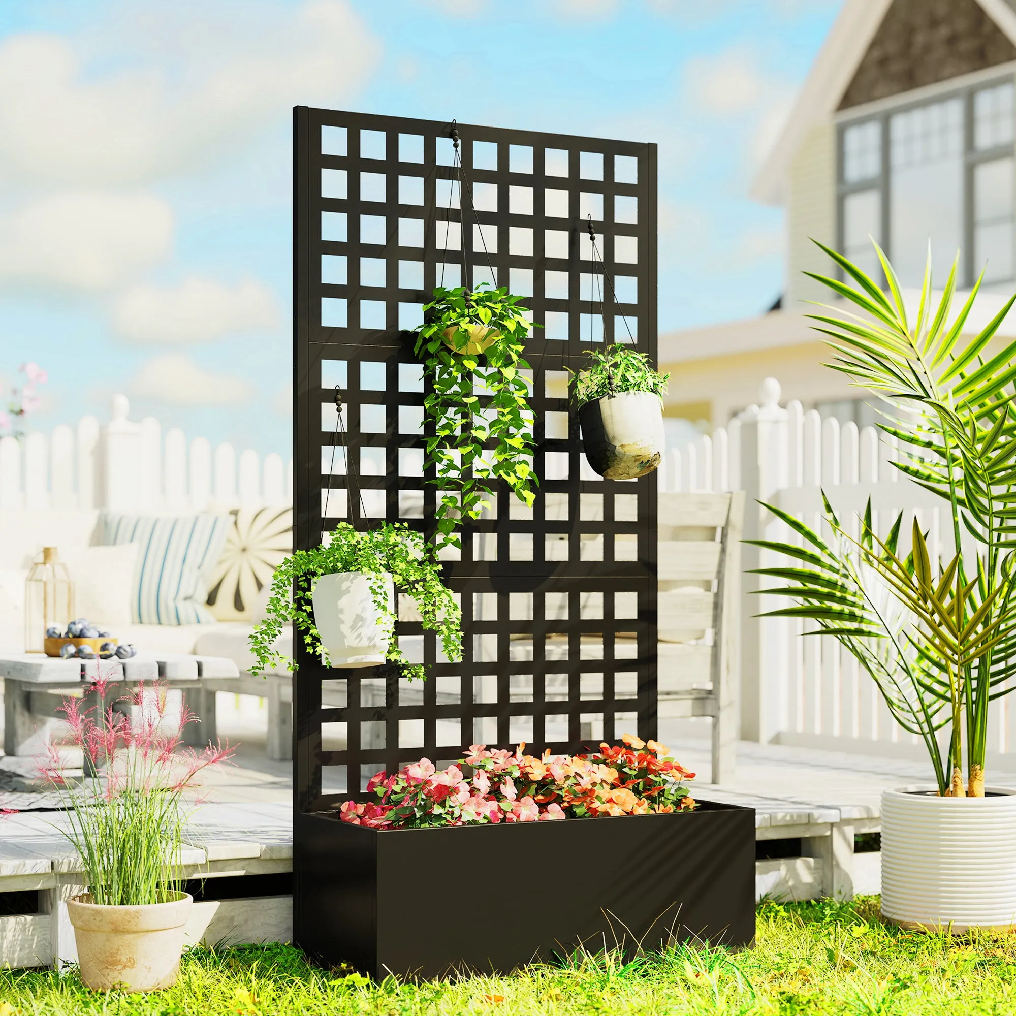 Outsunny Outdoor Planter with Trellis for Climbing Plants and Privacy Screen in Galvanized Steel, 89x40.5x178 cm, Black - Image 2