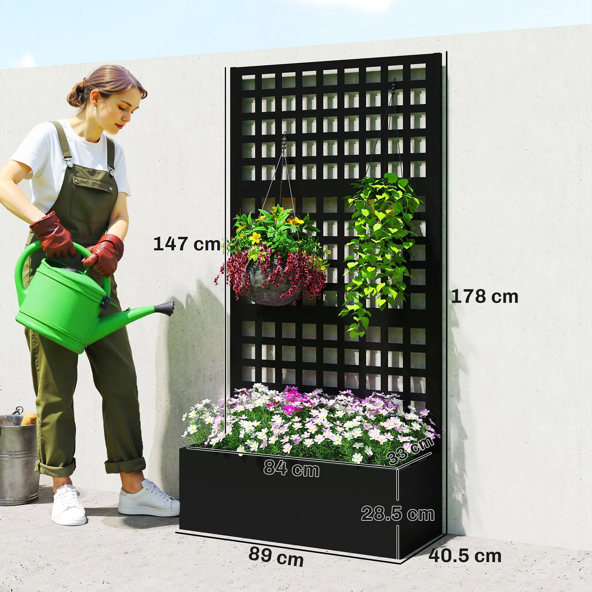 Outsunny Outdoor Planter with Trellis for Climbing Plants and Privacy Screen in Galvanized Steel, 89x40.5x178 cm, Black - Image 3