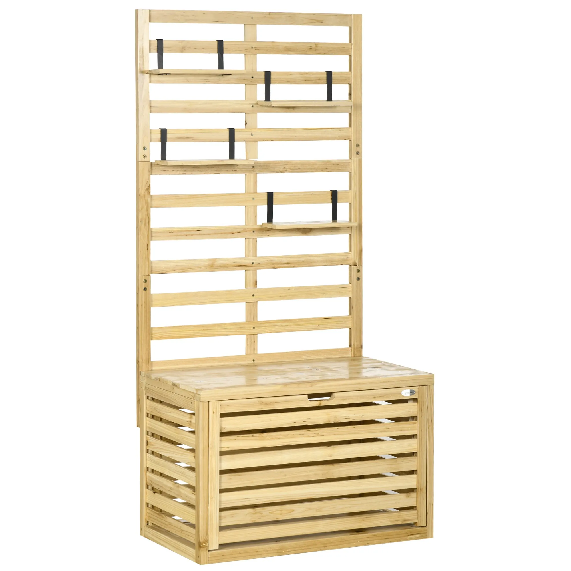 Outsunny Garden Storage Bench with Trellis and 4 Wooden Shelves with Magnetic Closure, 80x45x160 cm