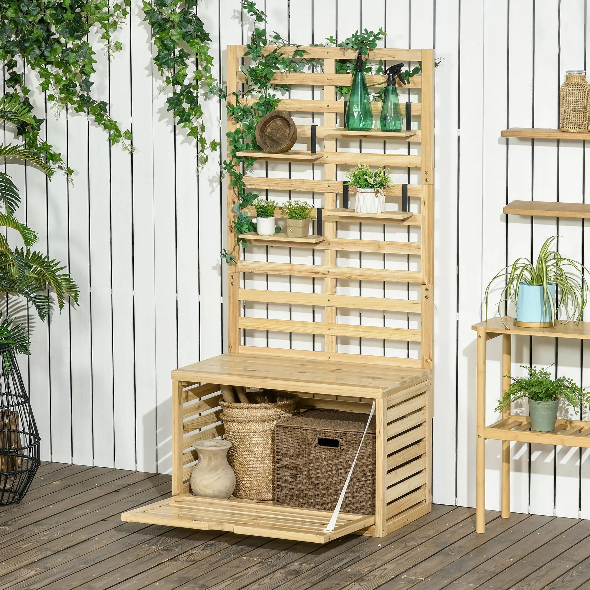 Outsunny Garden Storage Bench with Trellis and 4 Wooden Shelves with Magnetic Closure, 80x45x160 cm - Image 2