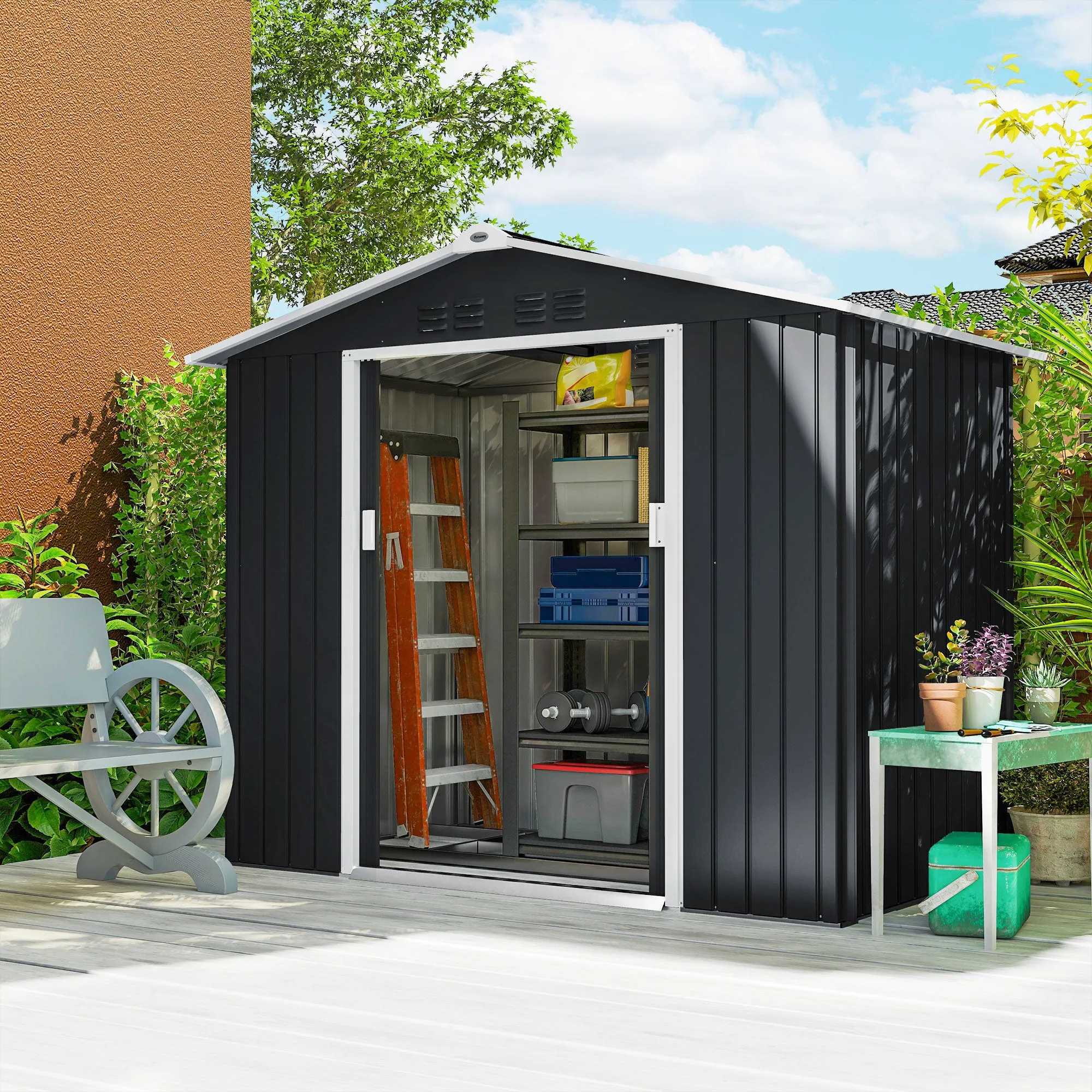 Metal Garden Shed with Air Vents and Double Sliding Door, 277x195x192 cm, Dark Grey - Image 2