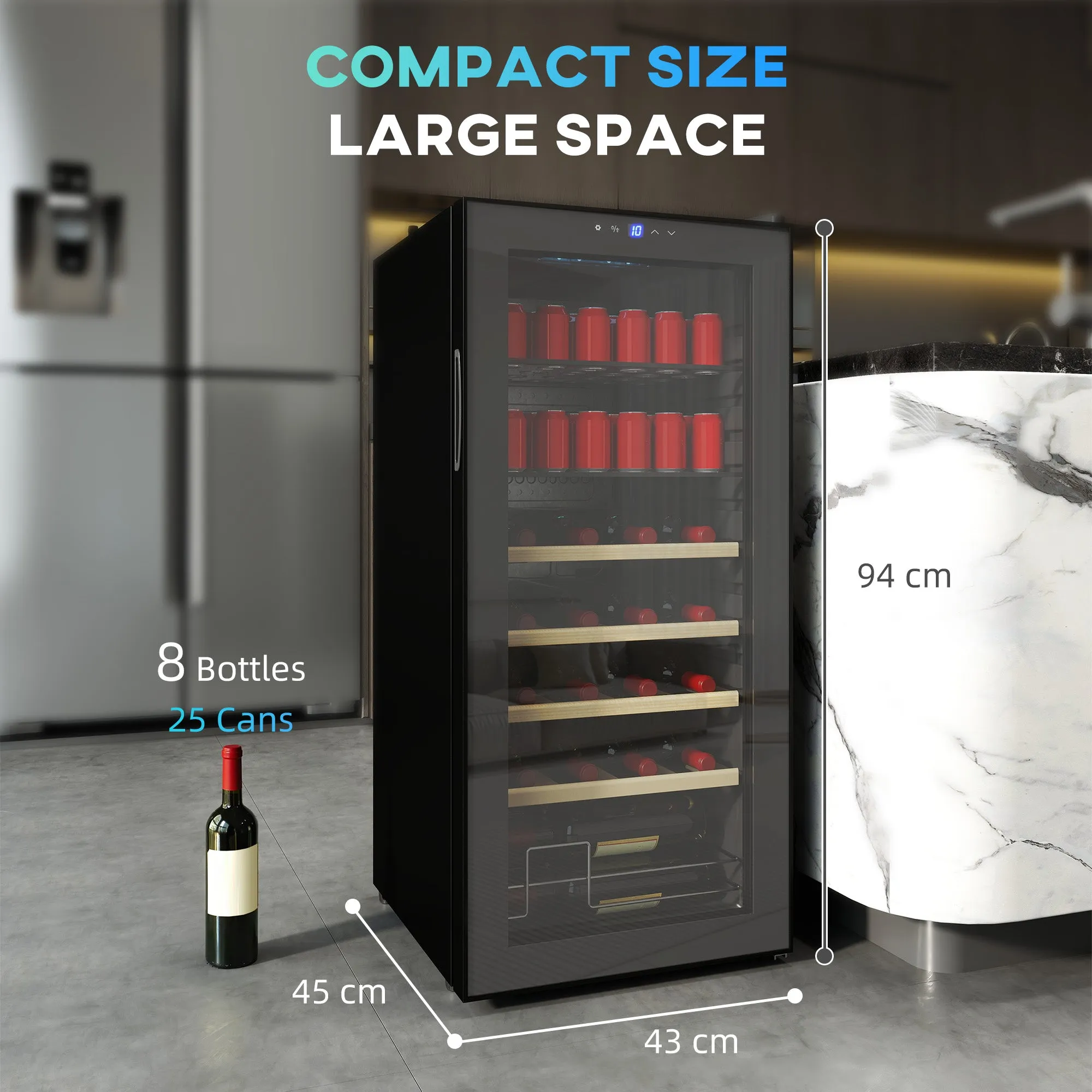HOMCOM 92L Wine Refrigerator with Adjustable Shelves for 20 Bottles and 50 Cans, 43x45x94 cm, Black - Image 3