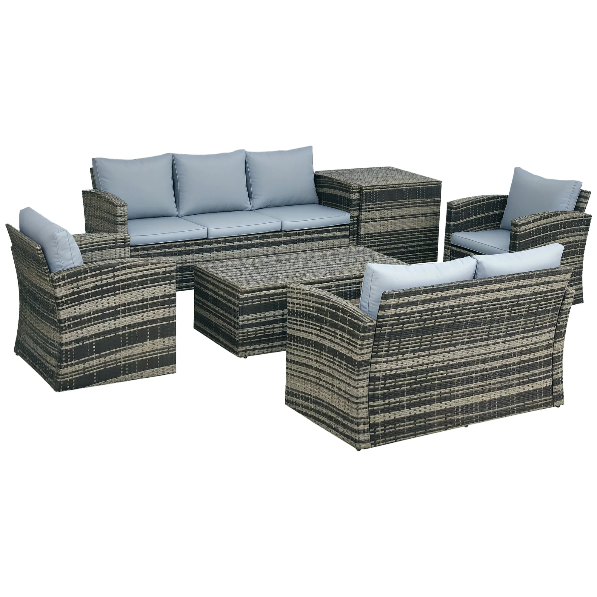 6-Piece Outdoor Set with 2 Storage Tables, 2 Sofas and 2 Armchairs, in Rattan and Steel, Grey