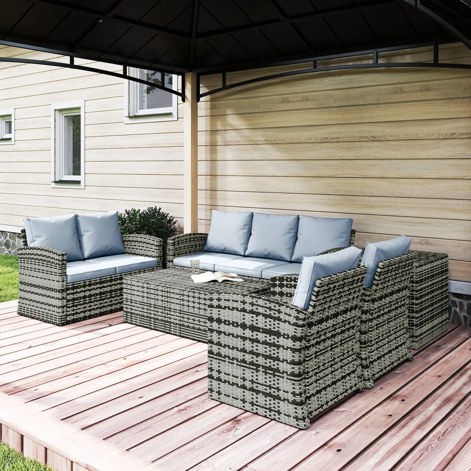 6-Piece Outdoor Set with 2 Storage Tables, 2 Sofas and 2 Armchairs, in Rattan and Steel, Grey - Image 2