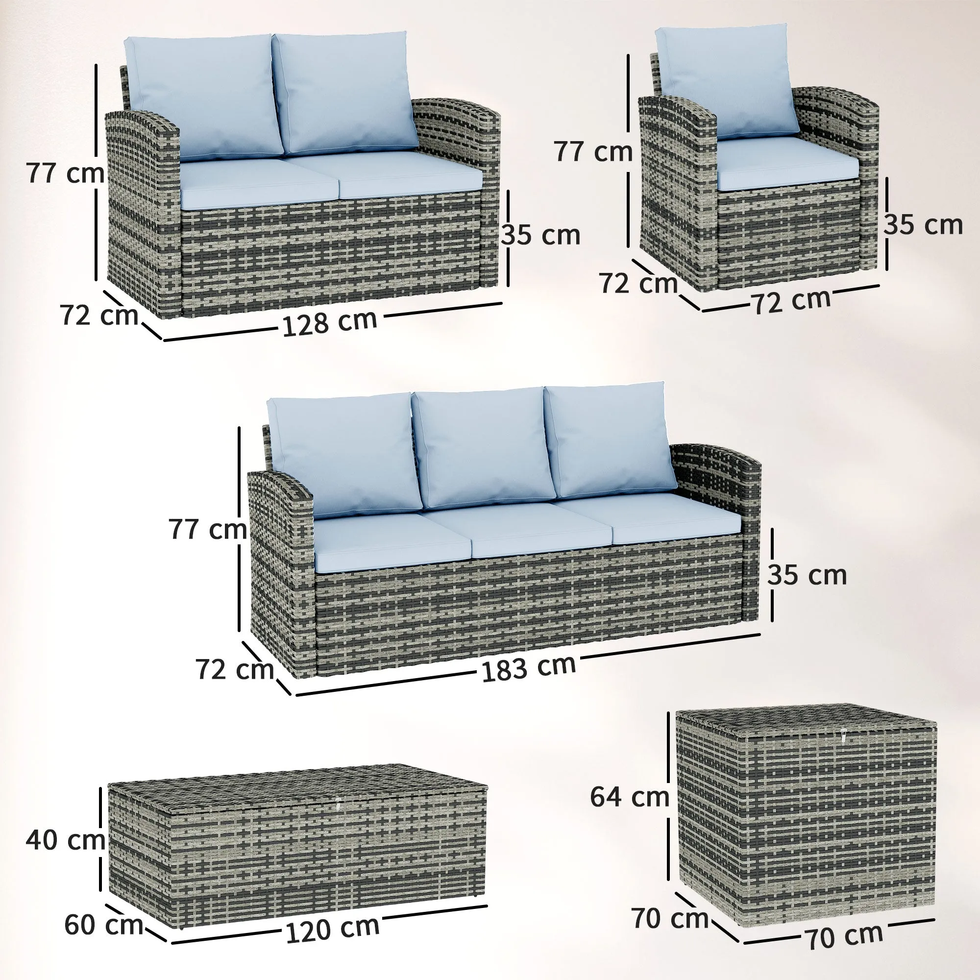 6-Piece Outdoor Set with 2 Storage Tables, 2 Sofas and 2 Armchairs, in Rattan and Steel, Grey - Image 3