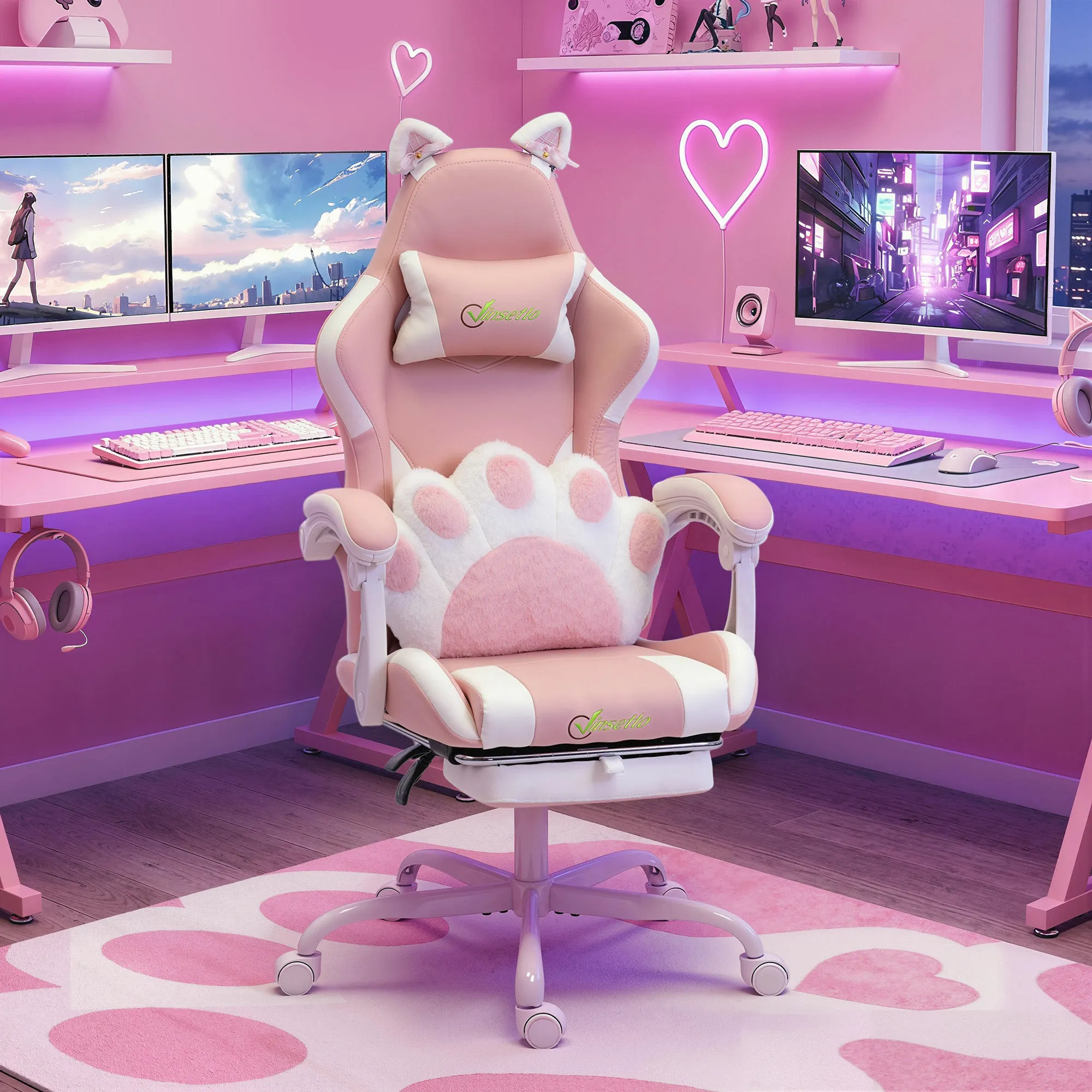 Gaming Chair Ergonomic Reclining Gaming Chair with Footrest Pink - Image 2