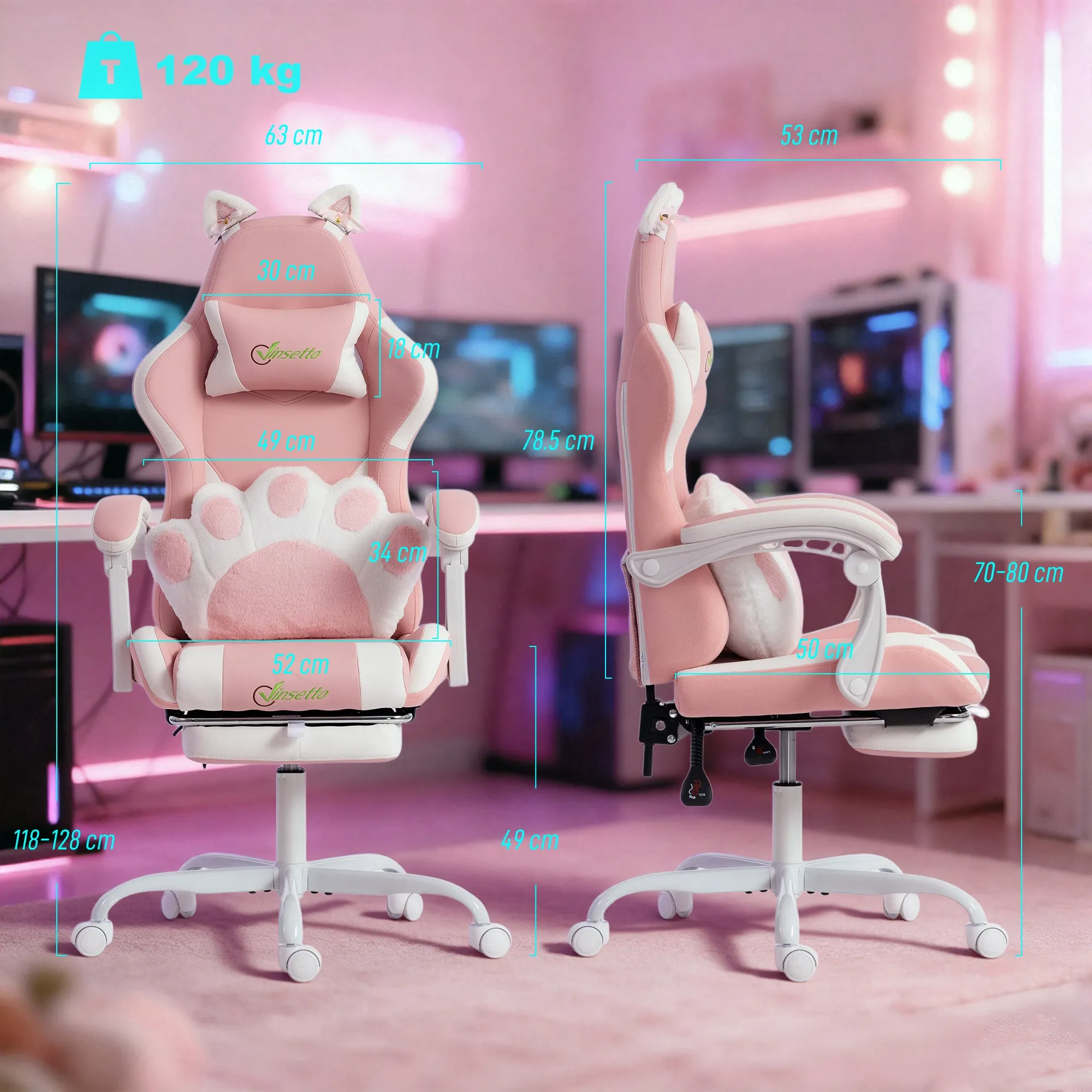 Gaming Chair Ergonomic Reclining Gaming Chair with Footrest Pink - Image 3