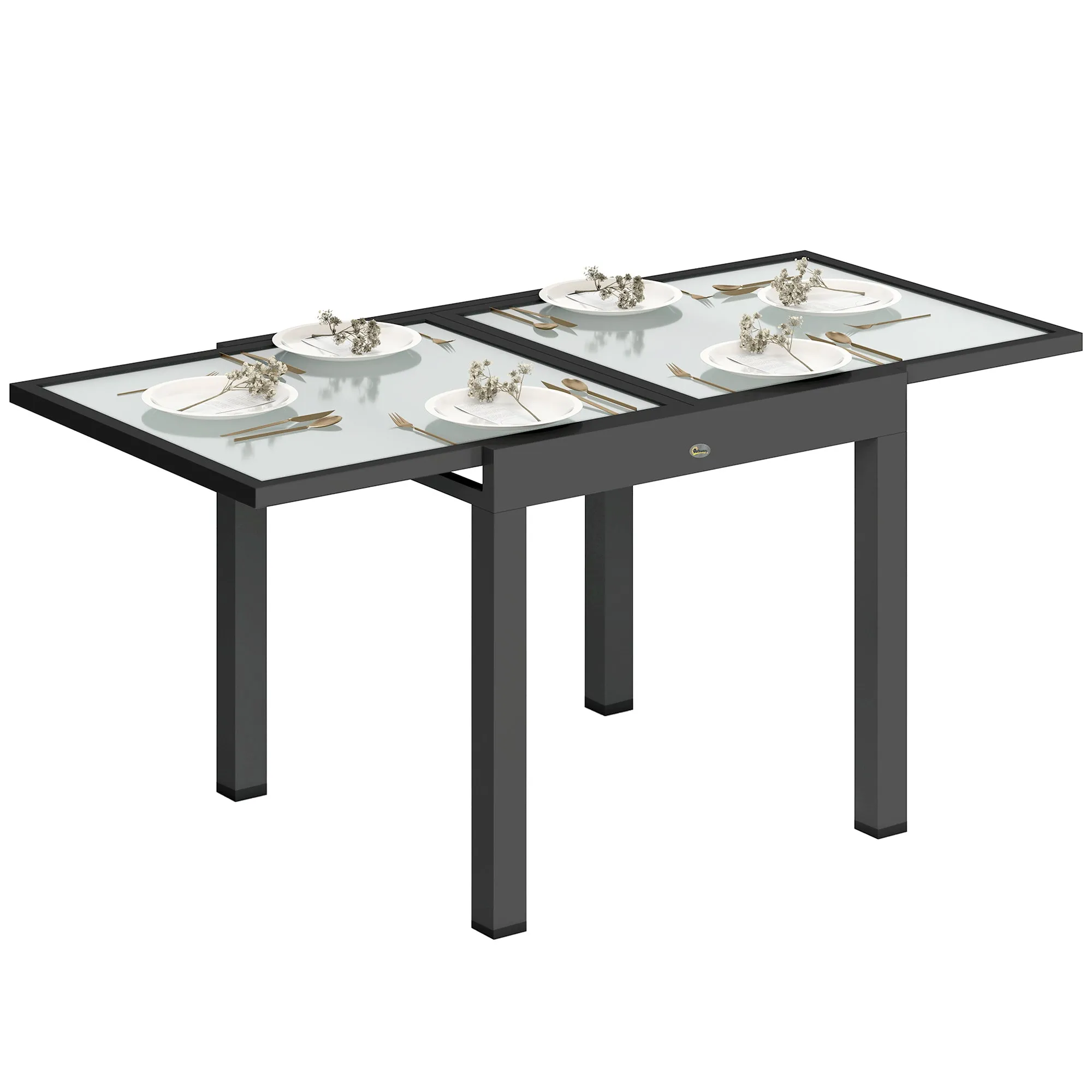 Extendable Garden Dining Table with Glass and Aluminum Top, 80-160x80x75 cm, Black and Transparent