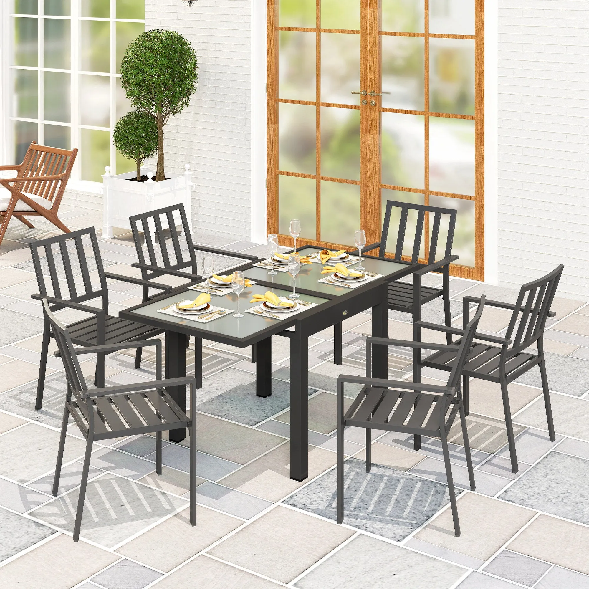 Extendable Garden Dining Table with Glass and Aluminum Top, 80-160x80x75 cm, Black and Transparent - Image 2