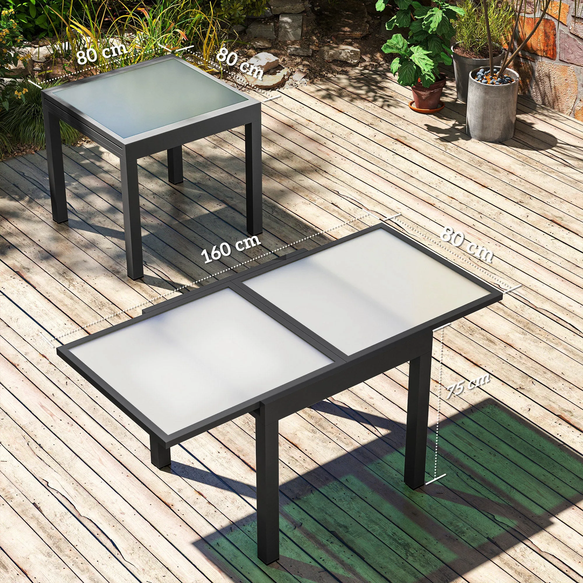 Extendable Garden Dining Table with Glass and Aluminum Top, 80-160x80x75 cm, Black and Transparent - Image 3