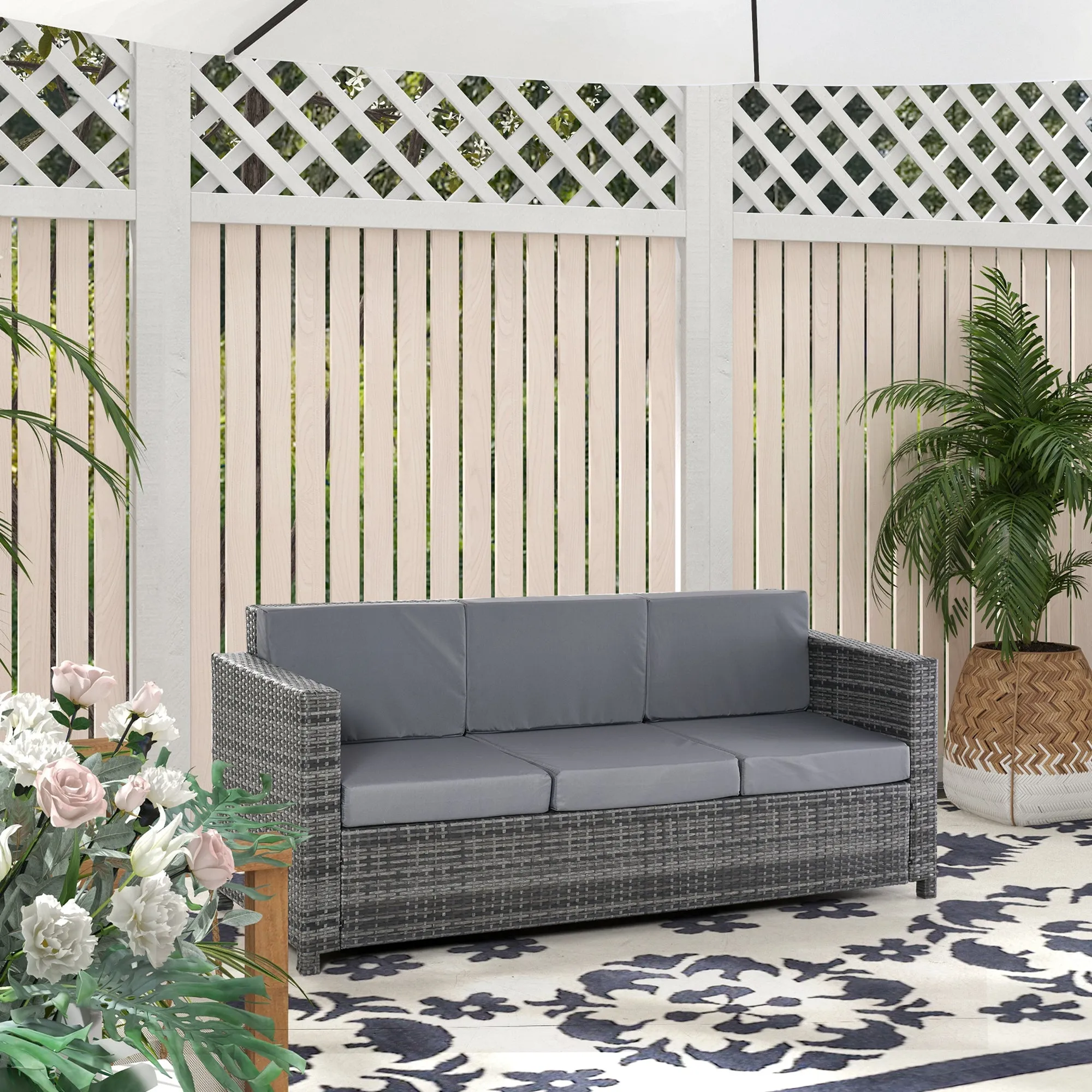 Outsunny 3-Seater Outdoor Sofa in PE Rattan and Metal with Seat and Back Cushions, 185x70x80 cm, Grey - Image 2