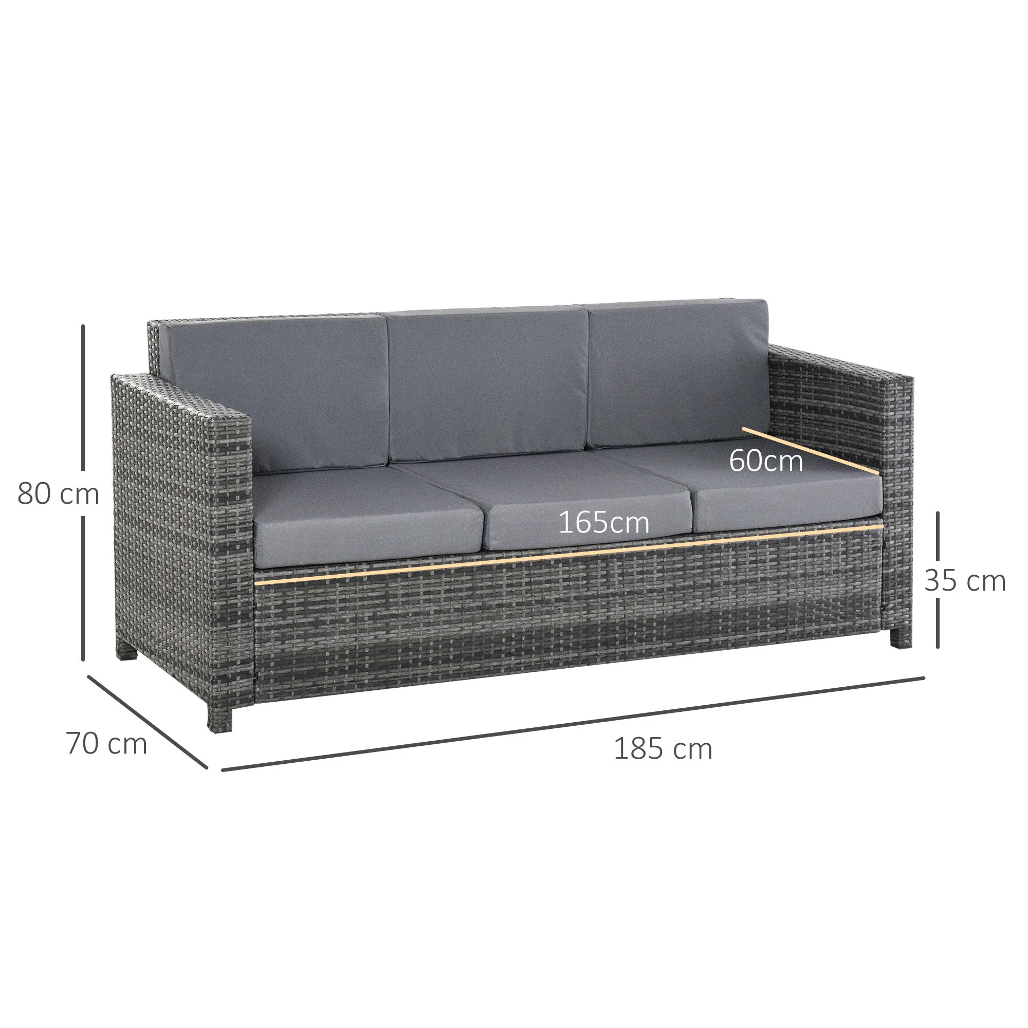 Outsunny 3-Seater Outdoor Sofa in PE Rattan and Metal with Seat and Back Cushions, 185x70x80 cm, Grey - Image 3