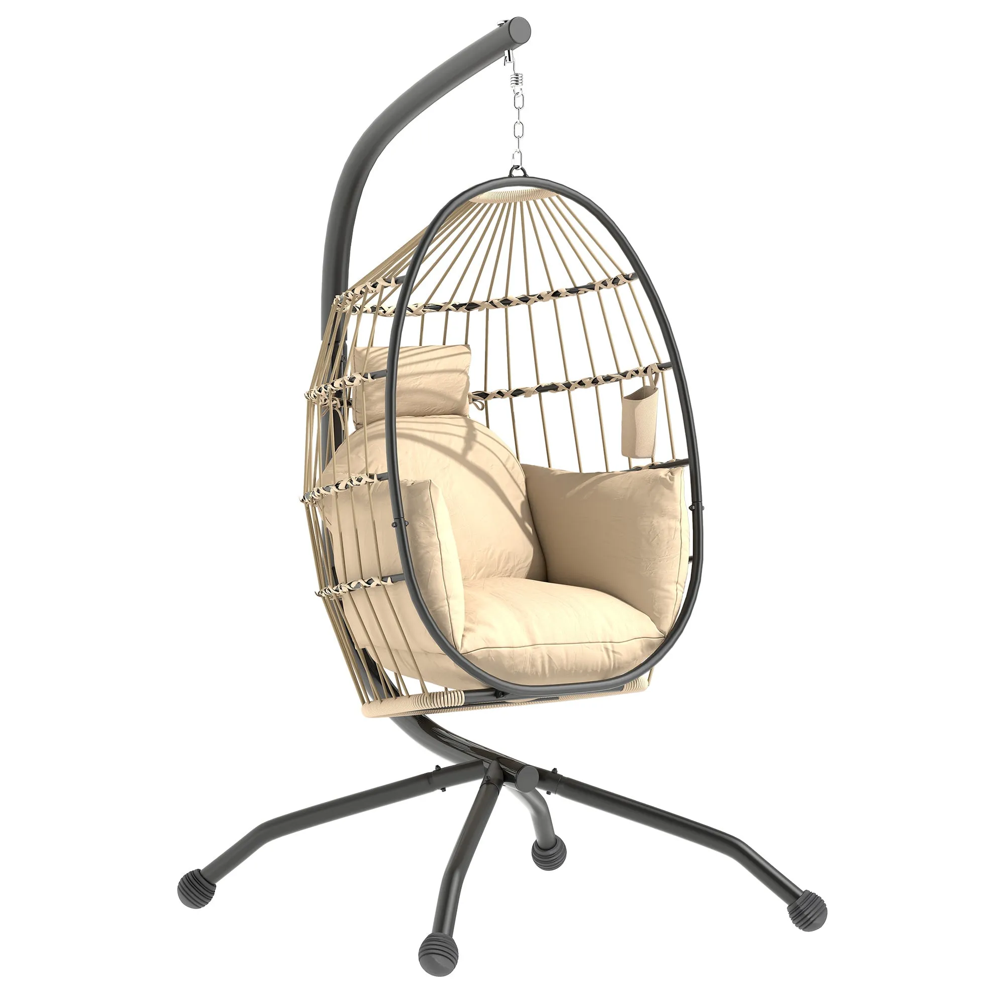 Hanging Egg Chair with Adjustable Hook, 2 Cushions and Folding Basket, 120x88x192 cm, Khaki