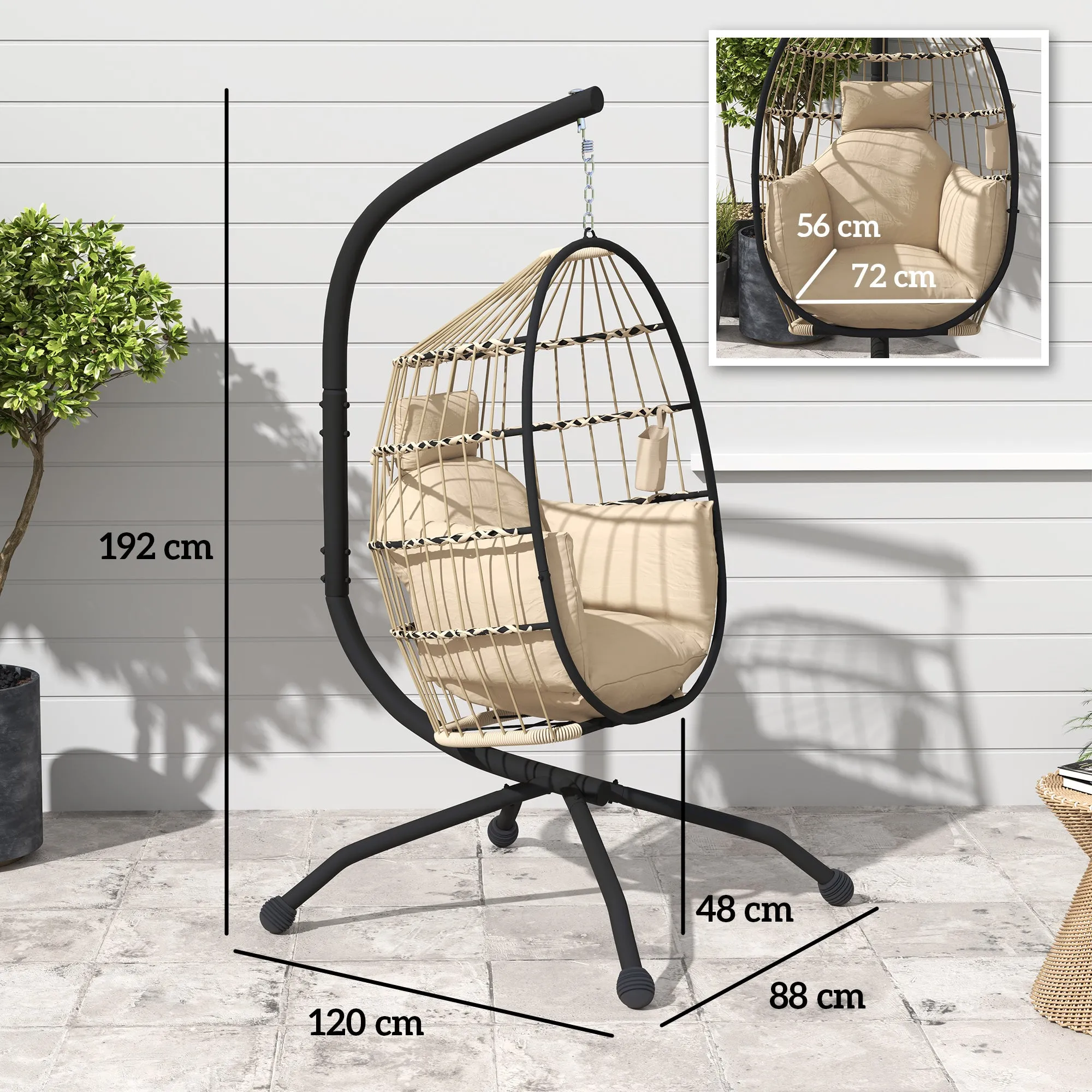 Hanging Egg Chair with Adjustable Hook, 2 Cushions and Folding Basket, 120x88x192 cm, Khaki - Image 3
