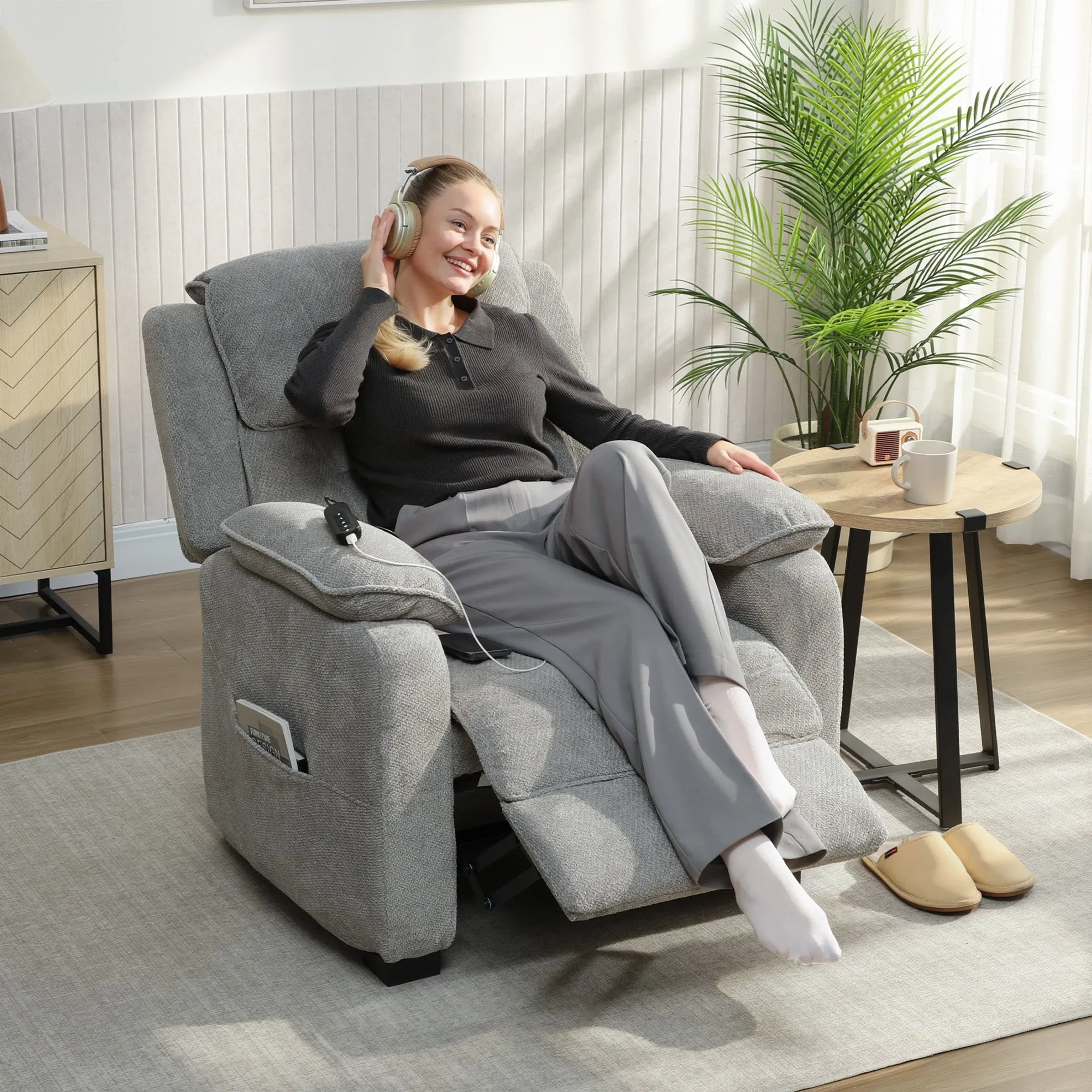 150° Reclining Velvet Armchair with Footrest, Remote Control and Side Pocket, 96x90x103 cm, Grey - Image 2
