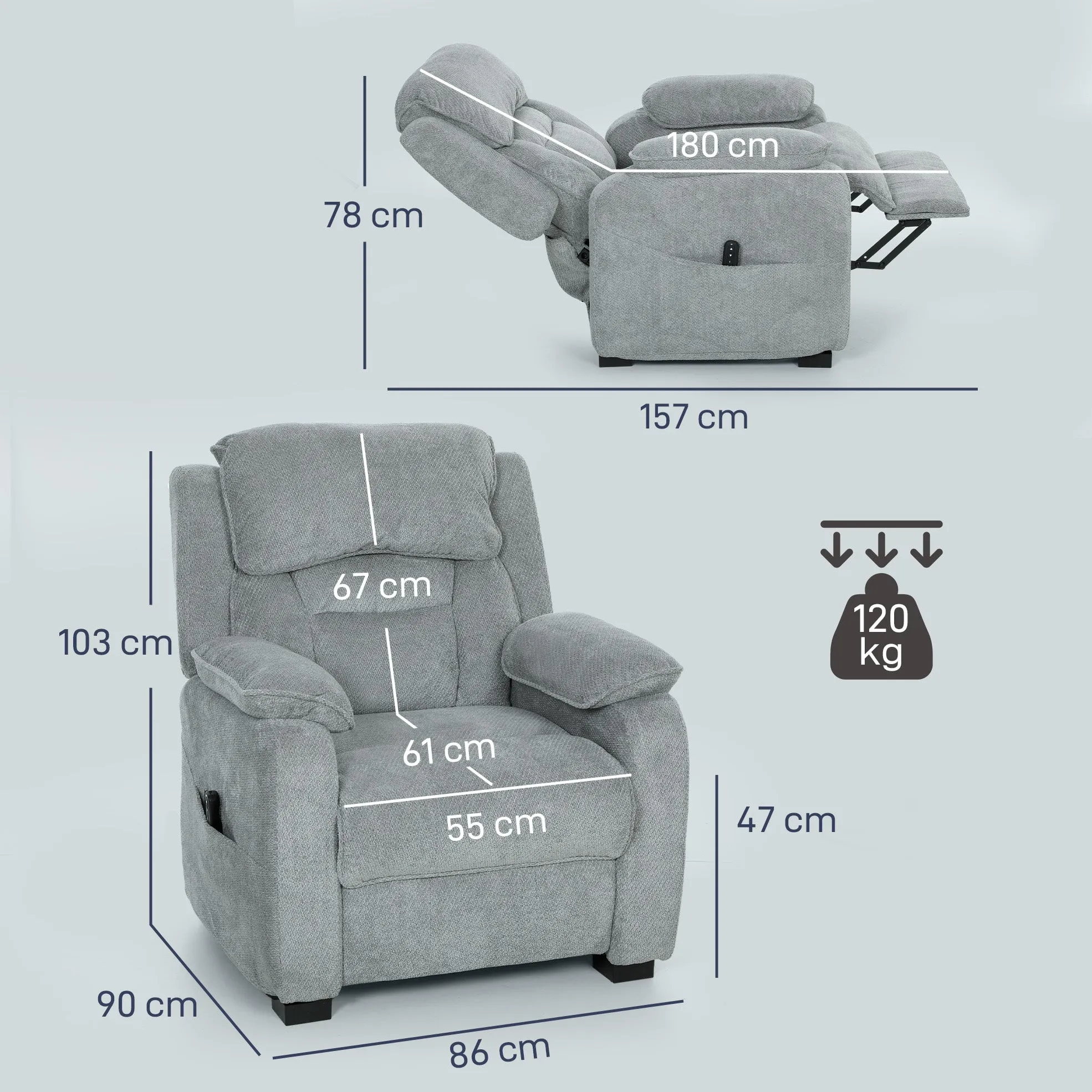 150° Reclining Velvet Armchair with Footrest, Remote Control and Side Pocket, 96x90x103 cm, Grey - Image 3