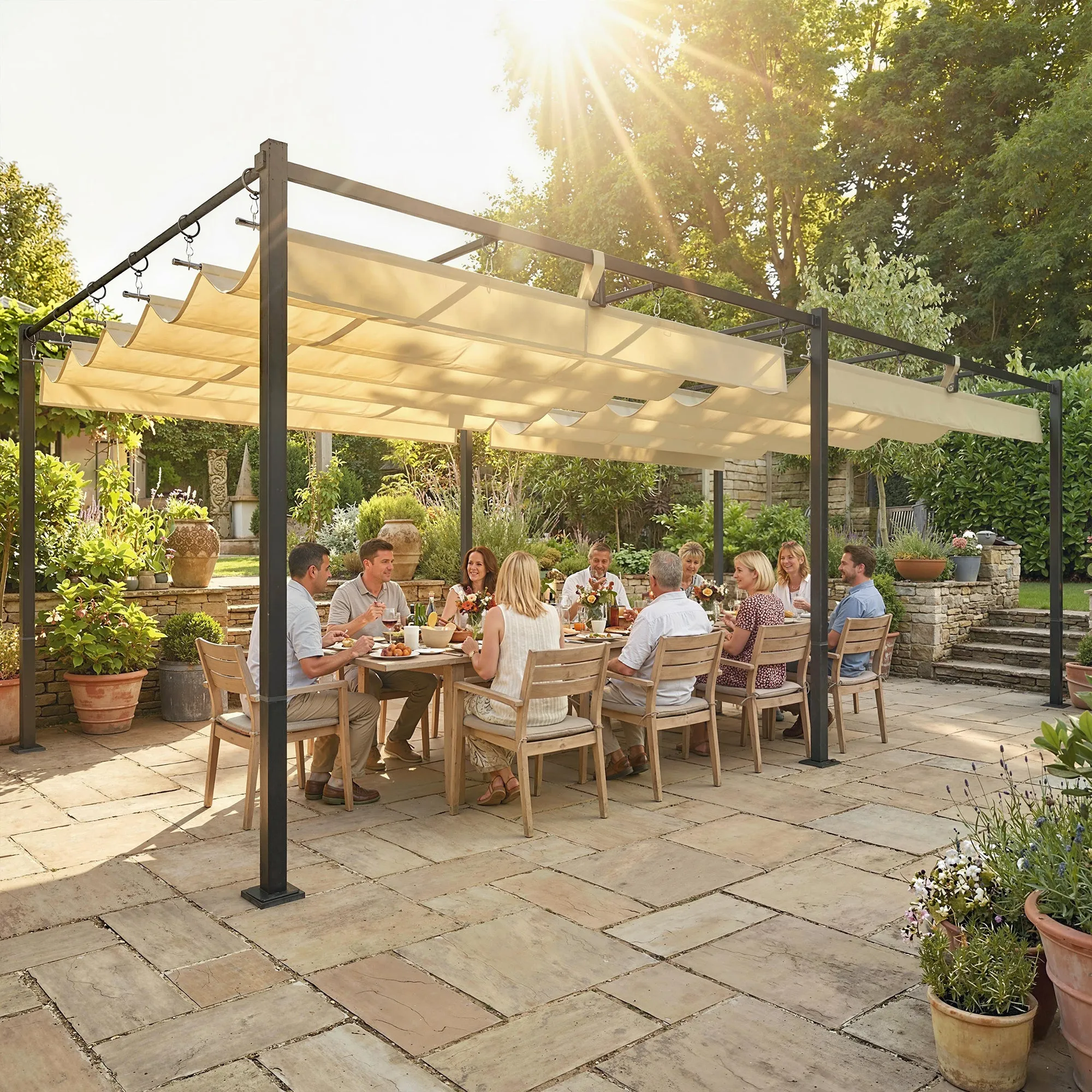 Garden Pergola with Sliding UV50+ Canopy in Metal, 5.7x2.95m, Beige - Image 2